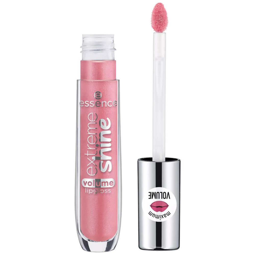 Lipgloss-tube met applicator. Roze inhoud. Zilveren dop met lippen-symbool en opschrift « VOLUME ». Productnaam « extreme shine volume lipgloss ».