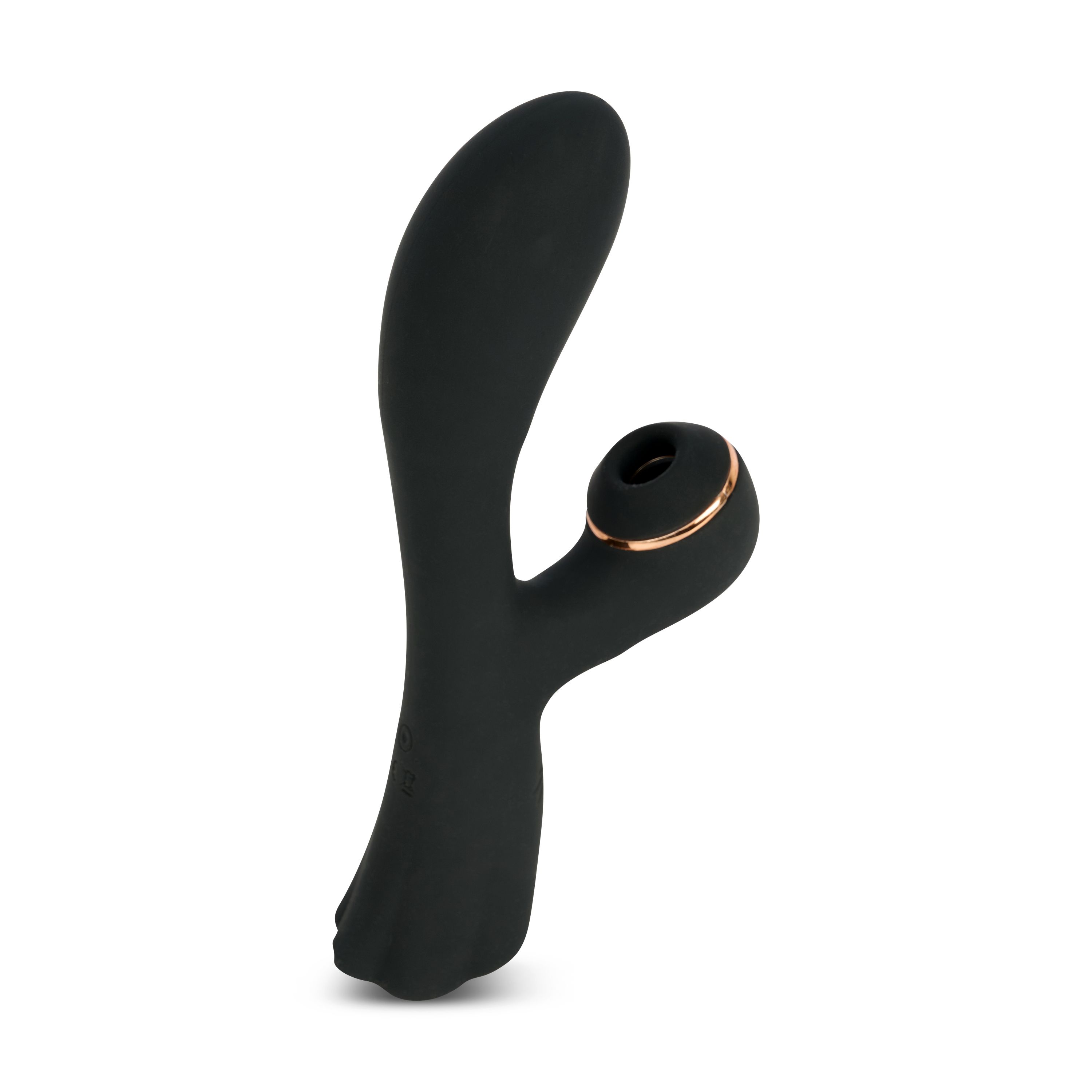 Produit de bien-être noir avec une forme incurvée et un accent doré. Texture de surface visible.