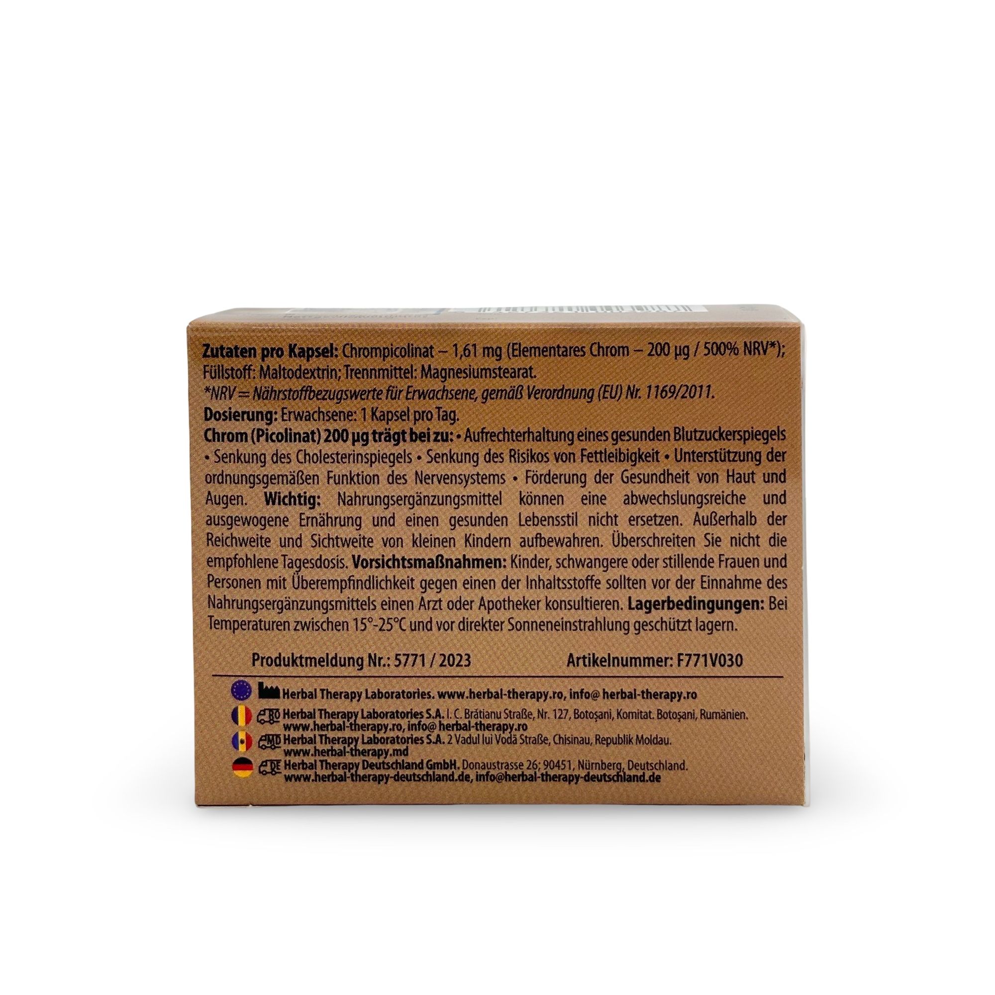 Dos de l'emballage du produit. Texte avec ingrédients, posologie et avertissements. Plusieurs logos et informations de contact.