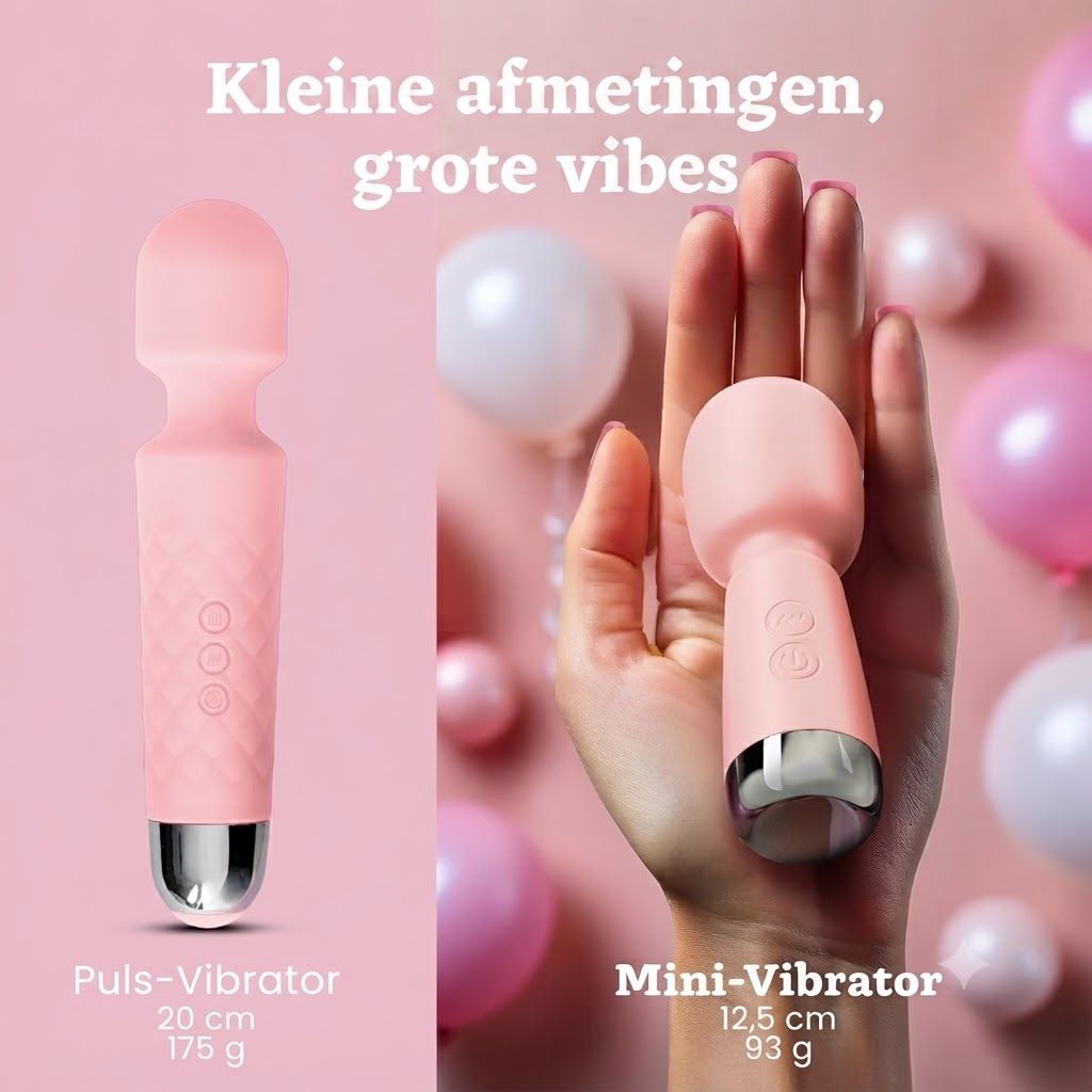 Een roze puls-vibrator met zilveren punt en ruitpatroon. 20 cm lang, 175 g.
