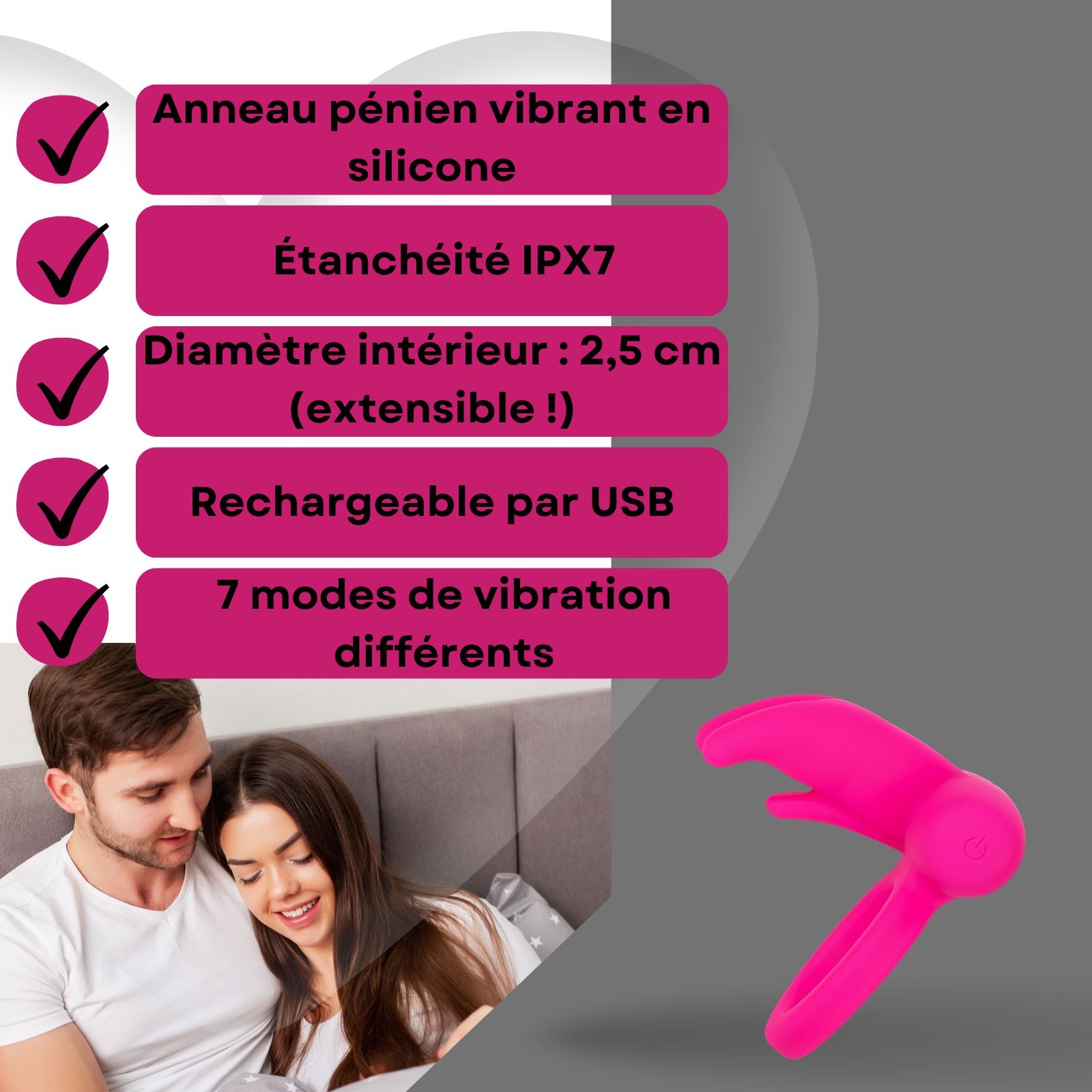 Anneau pénien rose avec stimulation clitoridienne. Couple en arrière-plan. Texte: étanche, 2,5 cm, USB, 7 vibrations.
