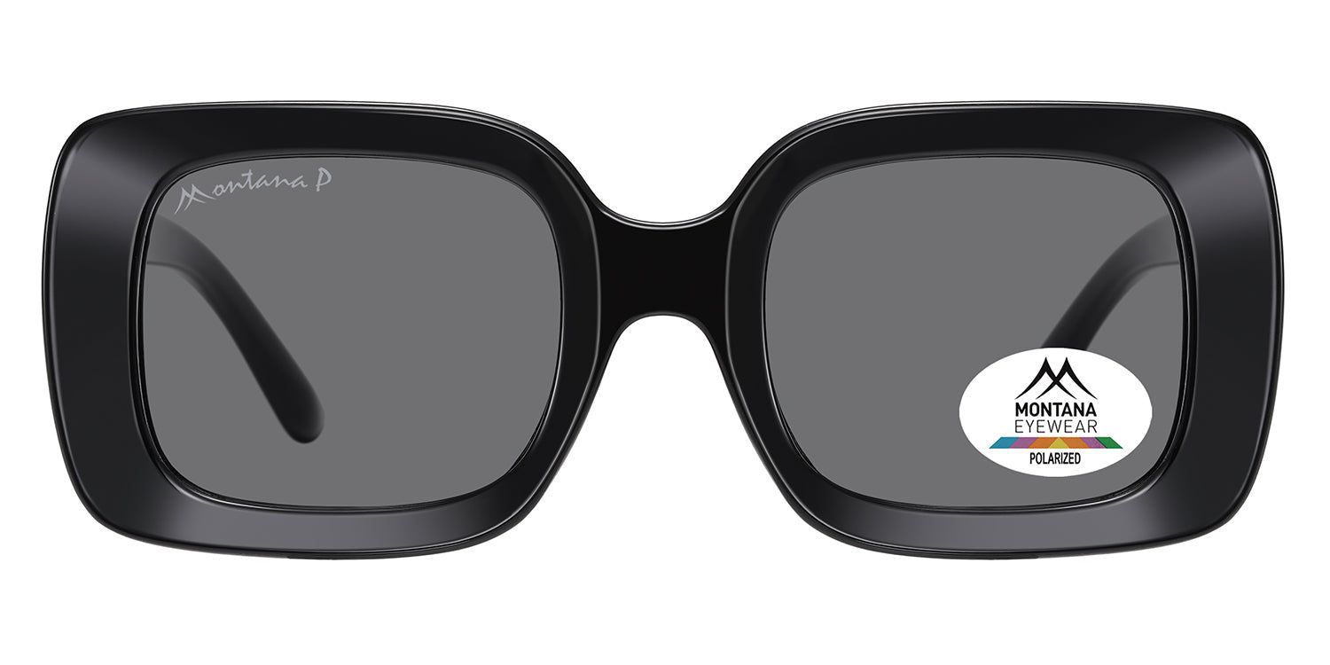 Lunettes de soleil noires avec verres carrés. Logo Montana Eyewear sur la branche et le verre. Verres polarisés.
