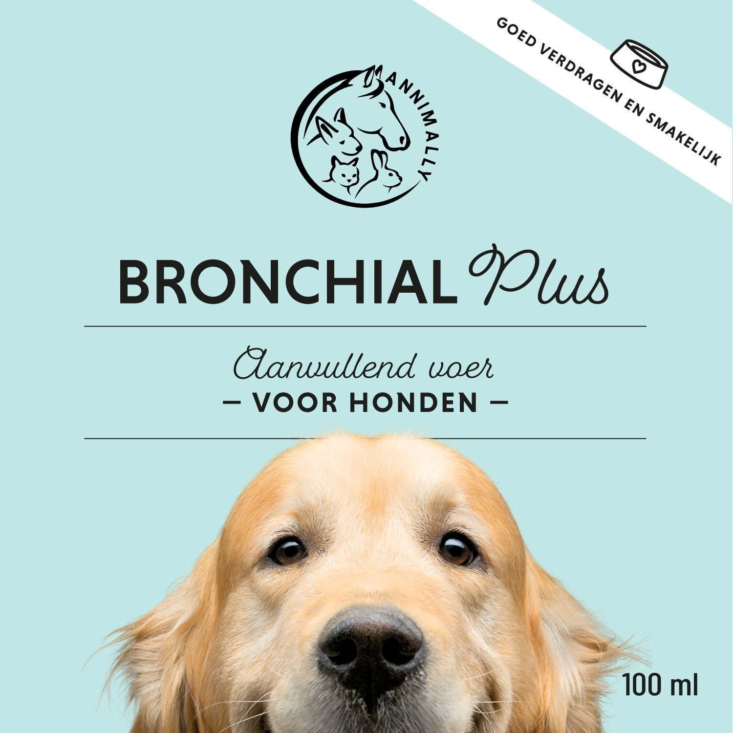 Productetiket met opschrift: Bronchial Plus. Aanvullend diervoeder voor honden. 100 ml. Hond in beeld.