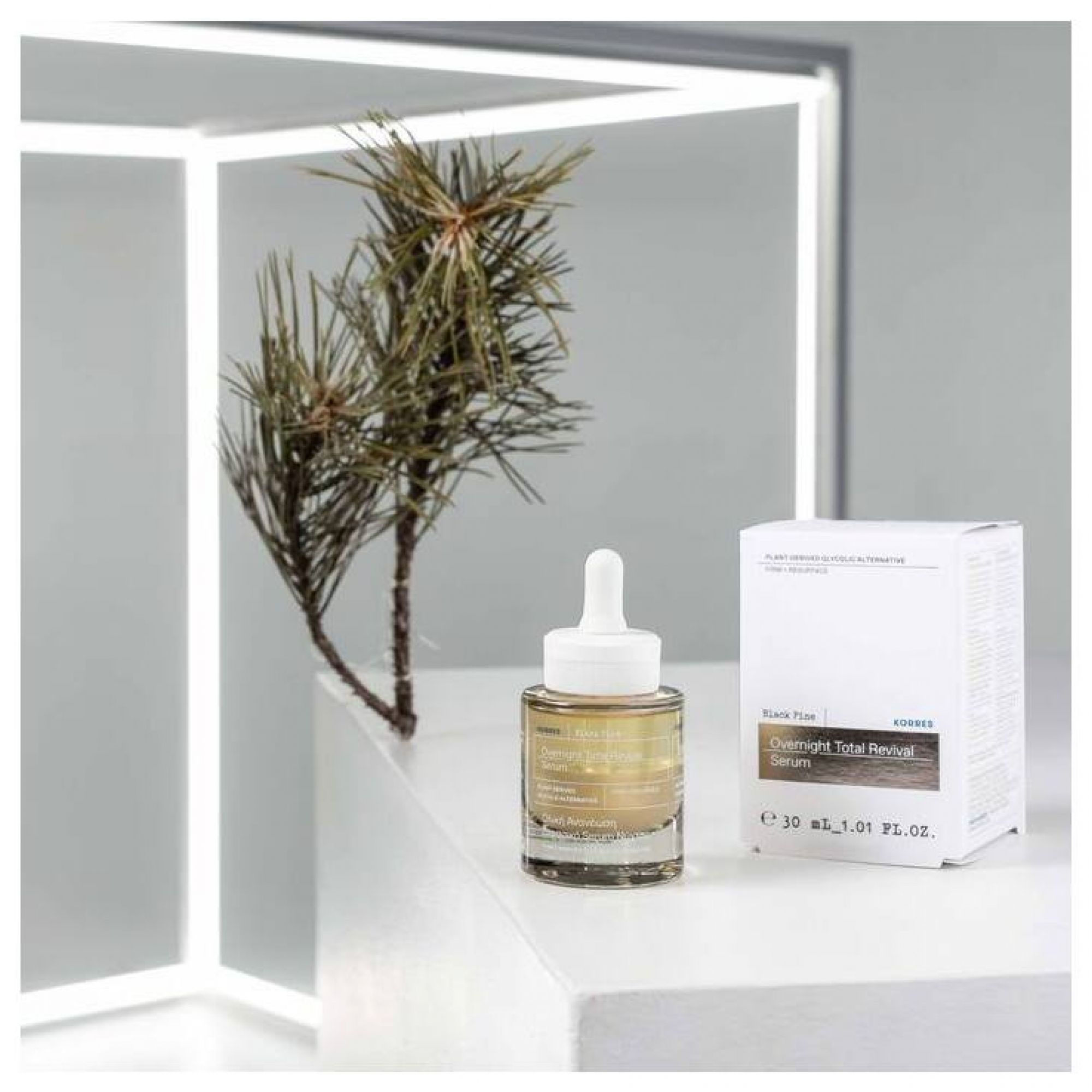 KORRES Black Pine Serum naast een dennentakdecoratie en kartonnen doos.