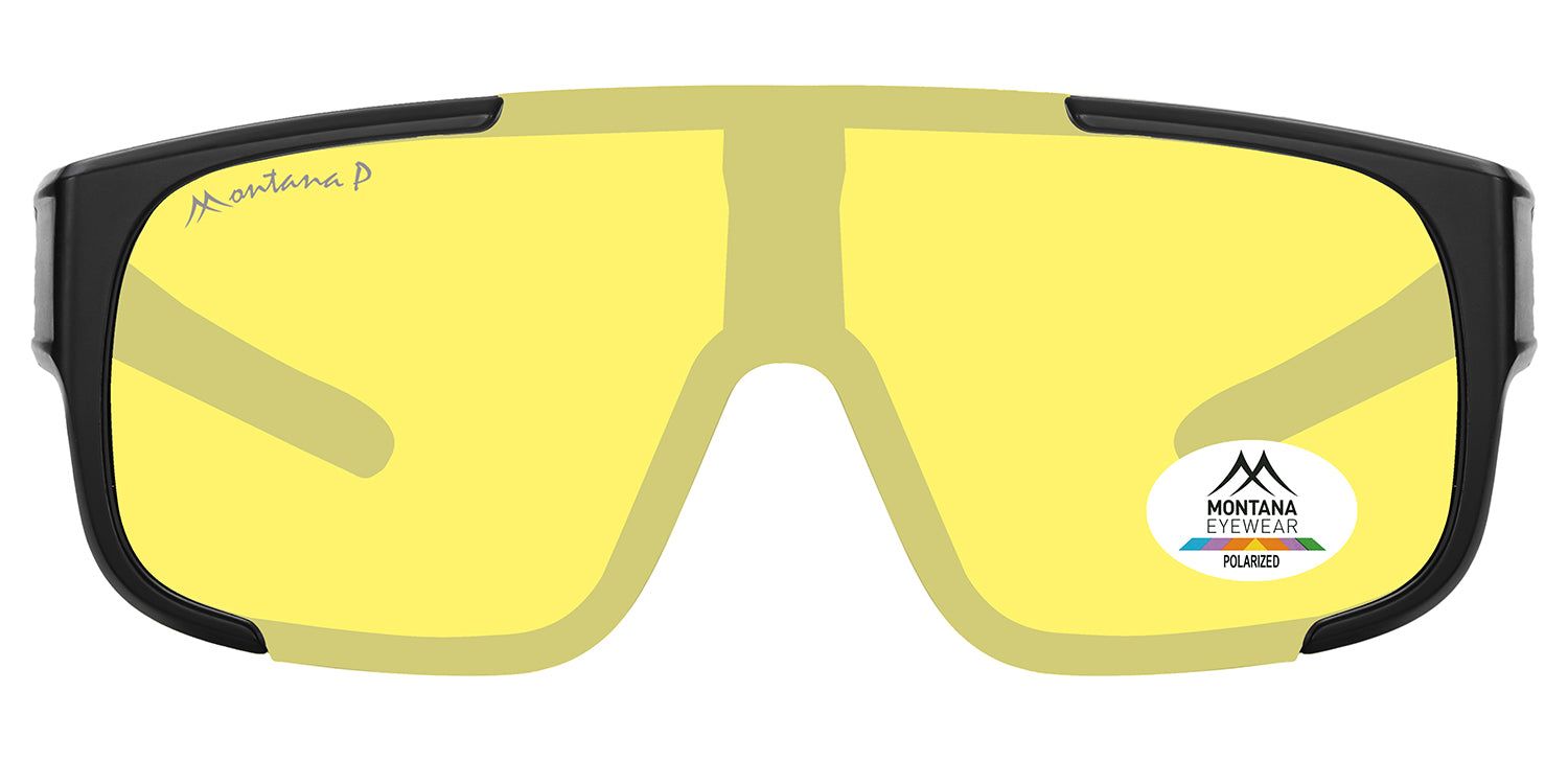 Zonnebril met gele glazen en zwart montuur. Montana Eyewear logo en polarisatie certificering.
