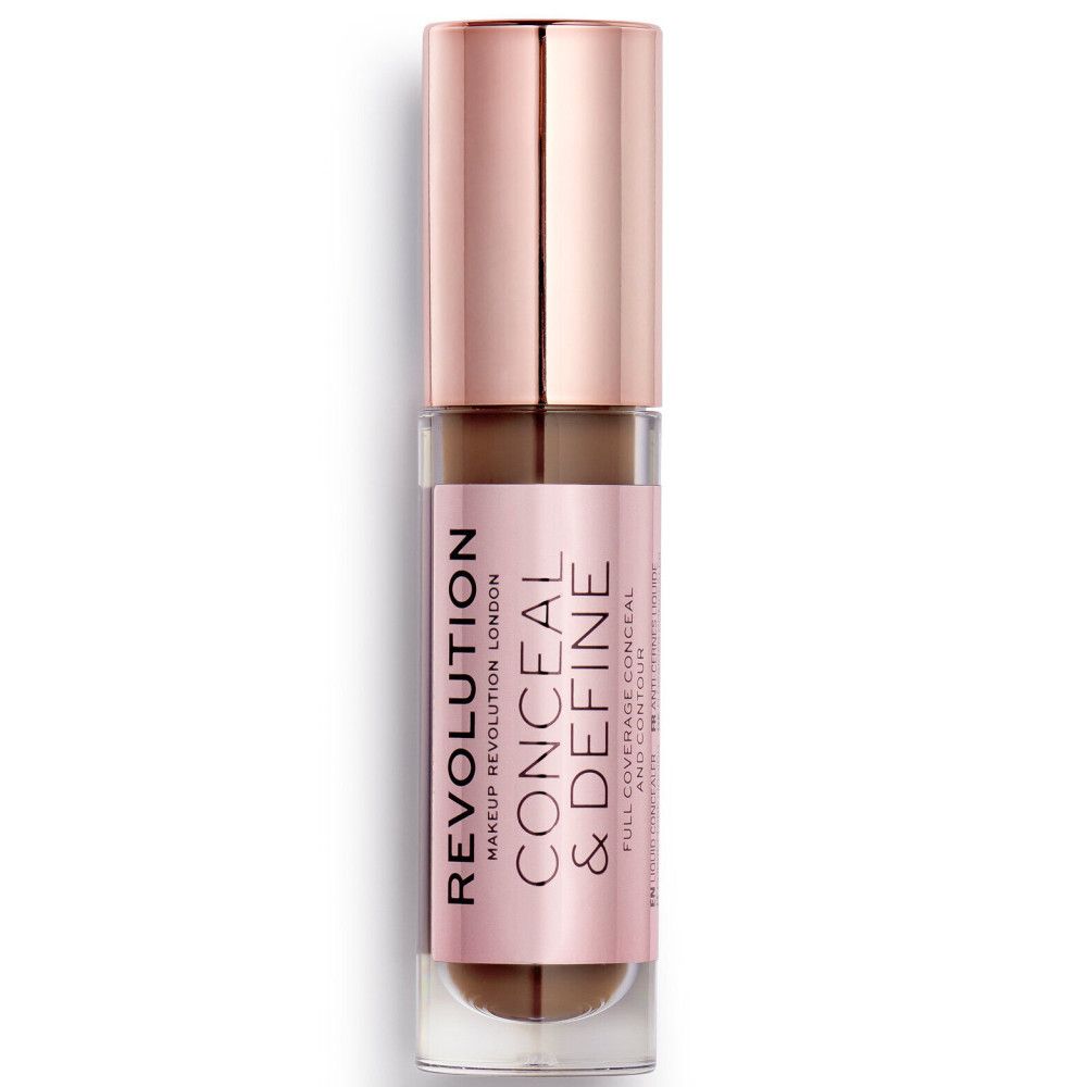 Tube de correcteur avec bouchon or rose. Inscription : Conceal & Define.