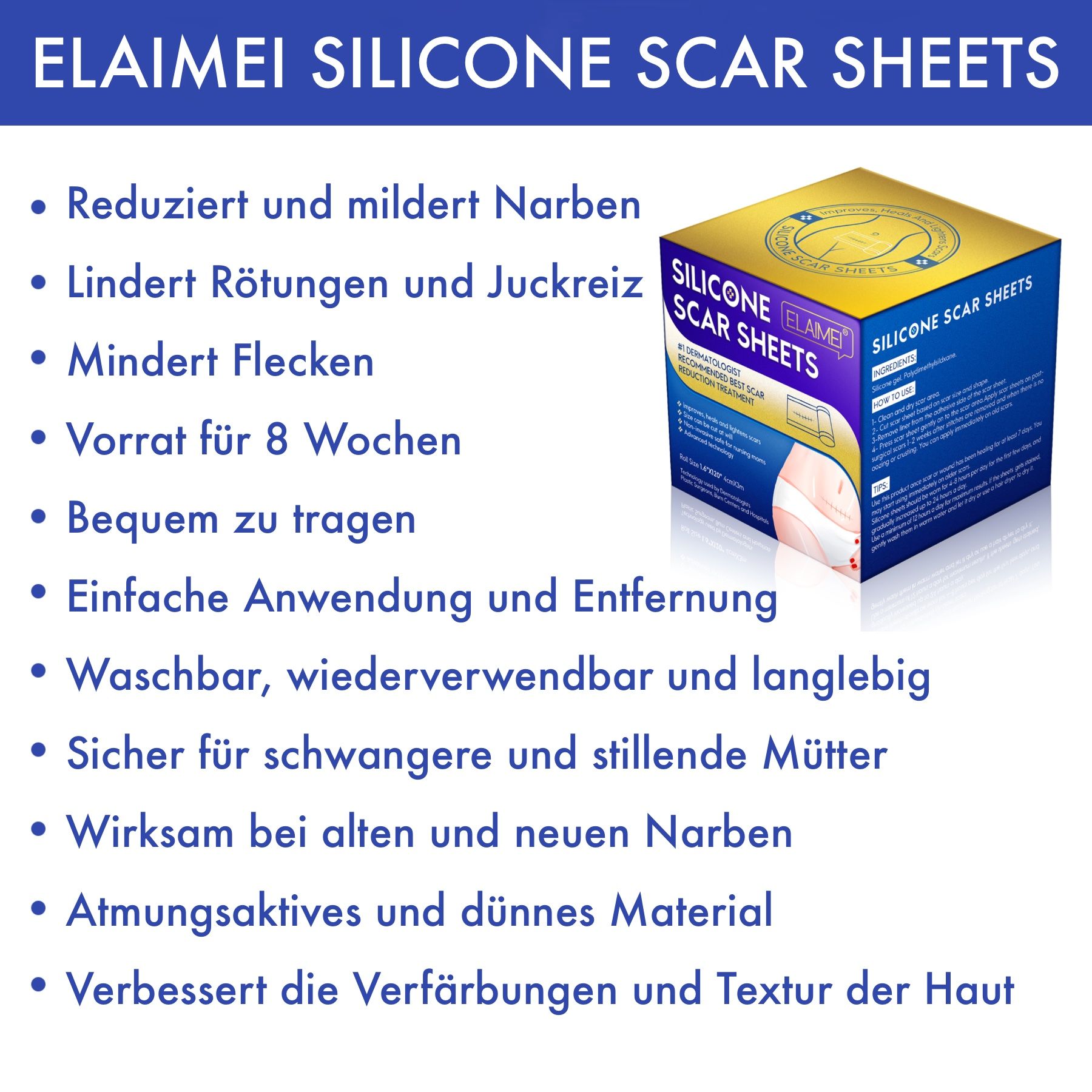 Productverpakking met productnaam en logo. Lijst met voordelen. Tekst: Vermindert littekens, verlicht jeuk, veilig voor zwangere vrouwen.