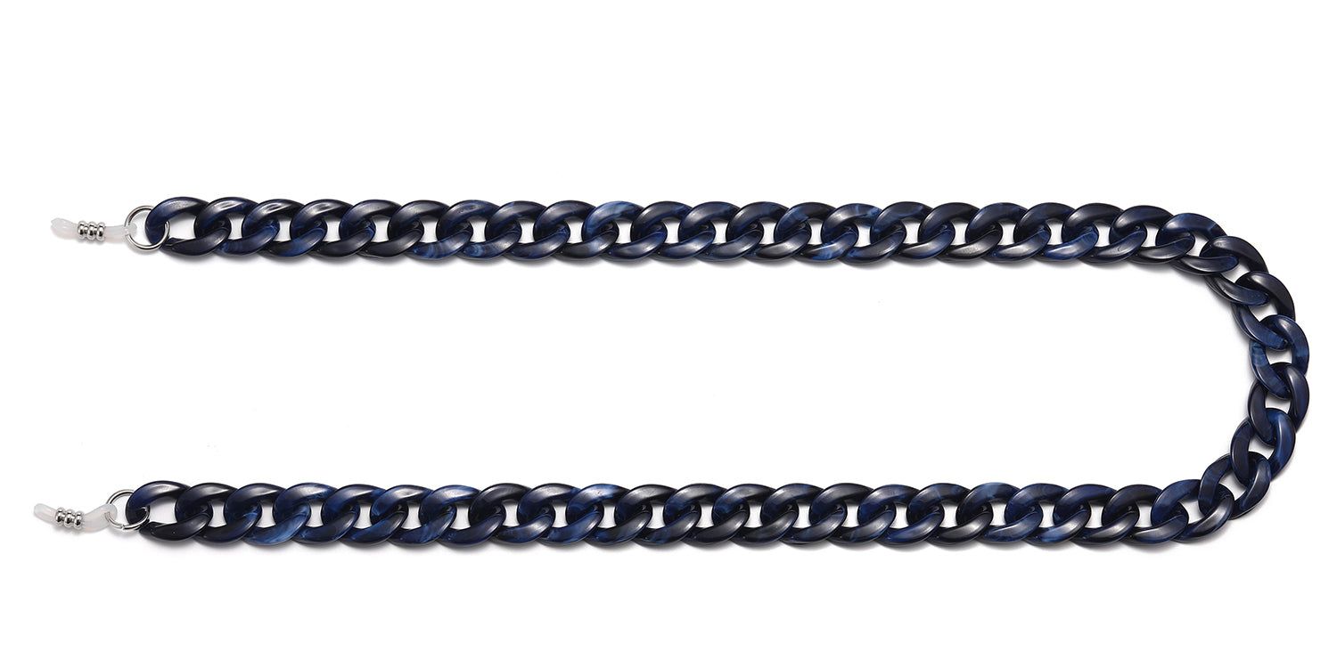 Chaîne de lunettes bleue en forme de U. Maillons en plastique, extrémités argentées.