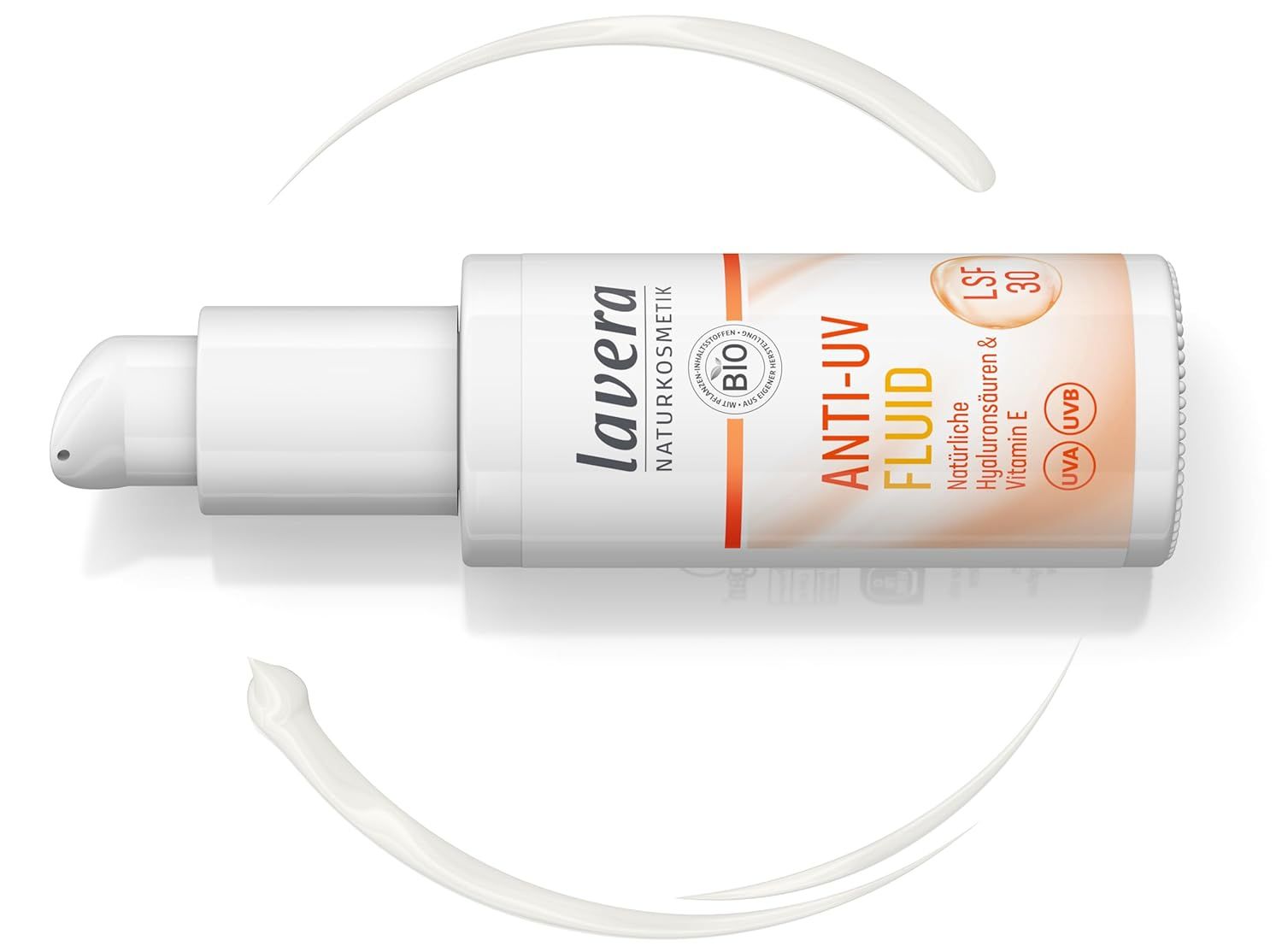 Lavera Anti-UV Fluid LSF 30. Witte fles met pomp. Tekst: Anti-UV Fluid, SPF 30. Natuurlijk hyaluronzuur & Vitamine E.