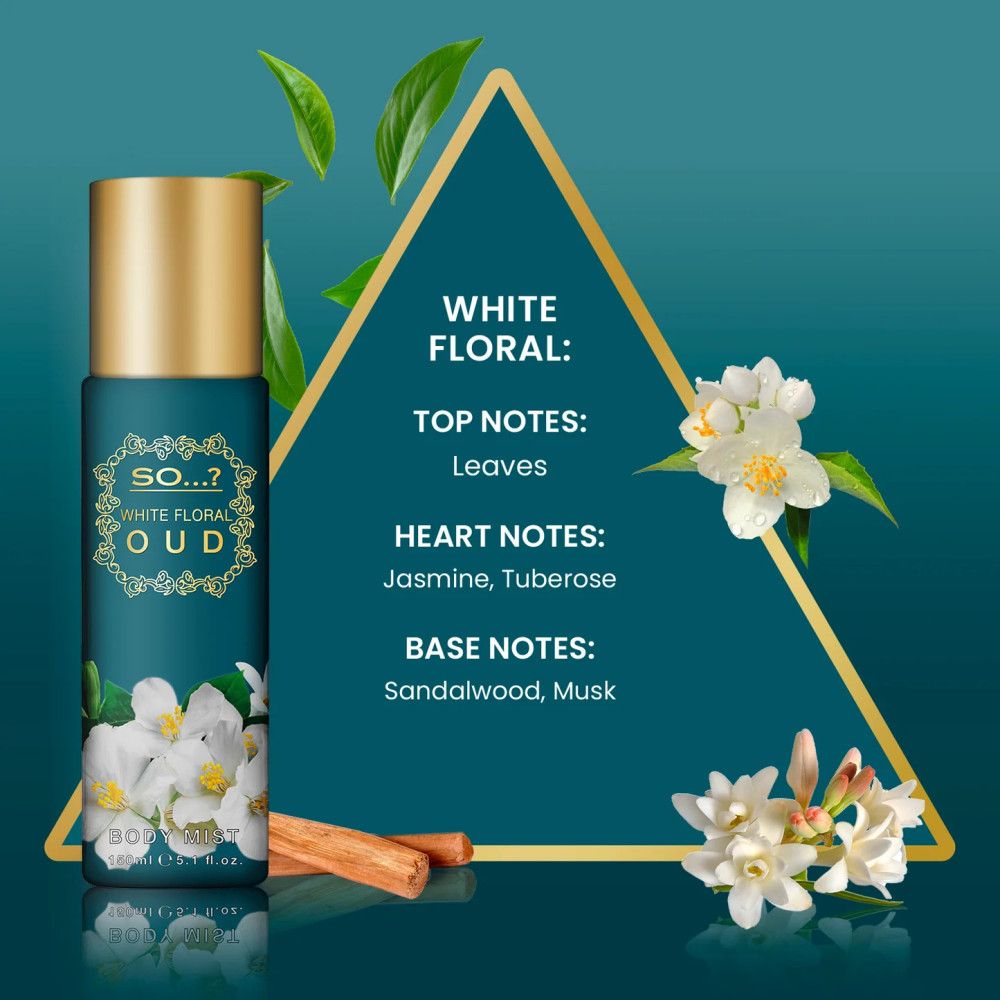 Vaporisateur corporel avec bouchon doré. Inscription: Oud White Floral. Illustration de fleurs et de feuilles. Texte: Top Notes, Heart Notes, Base Notes.