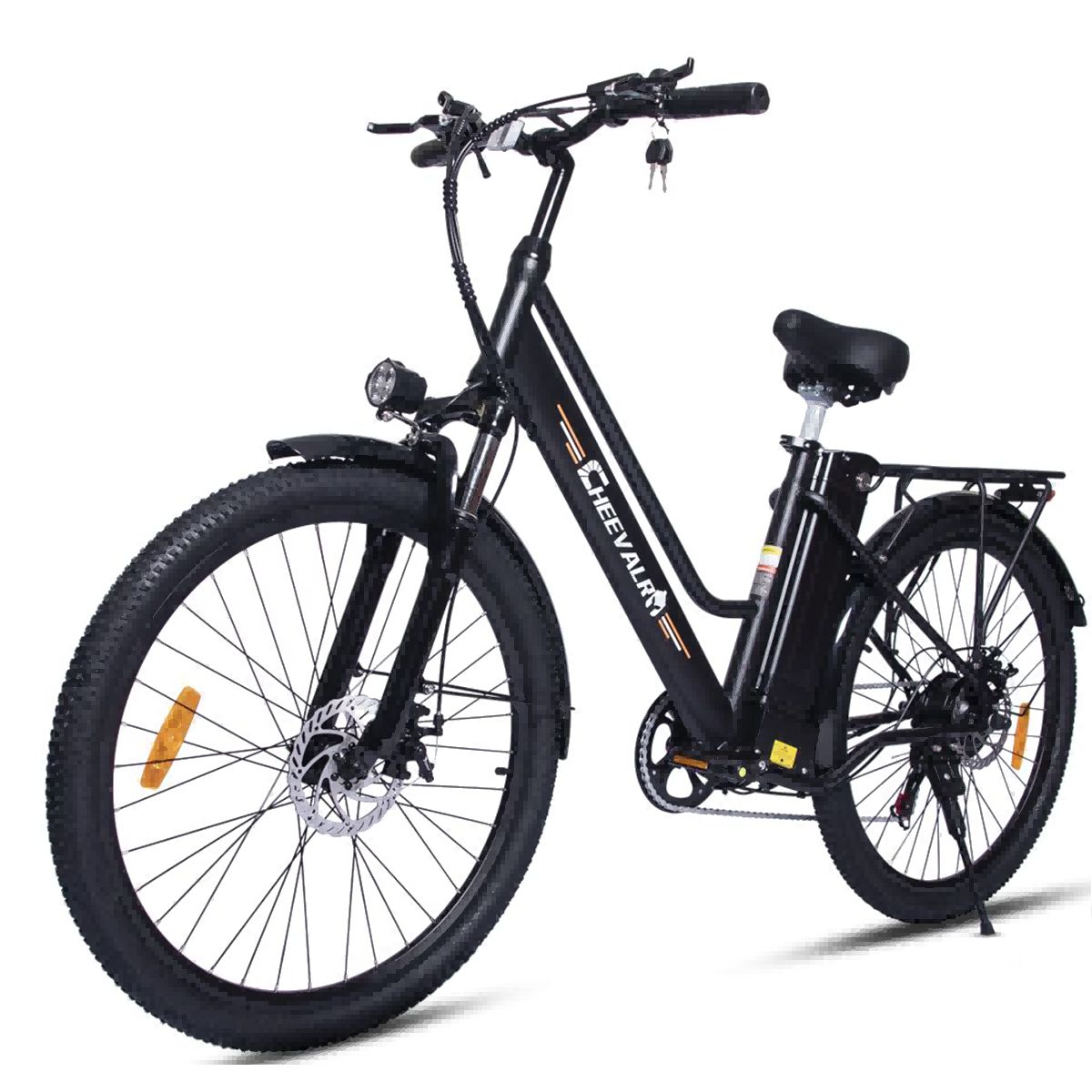 Zwarte elektrische fiets met koplamp. Merk Cheevalry.