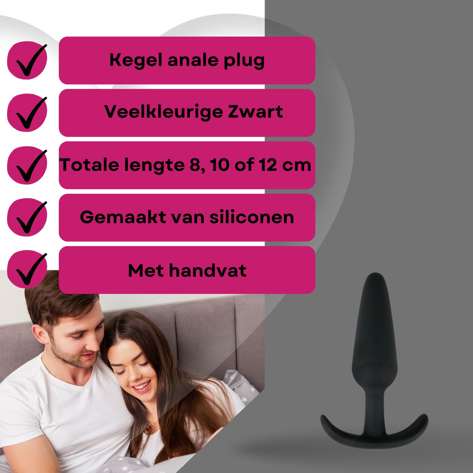 Kenmerken: Kegelvormige anale plug, zwart, 8, 10 of 12 cm, siliconen, met handvat. Koppel op de achtergrond.
