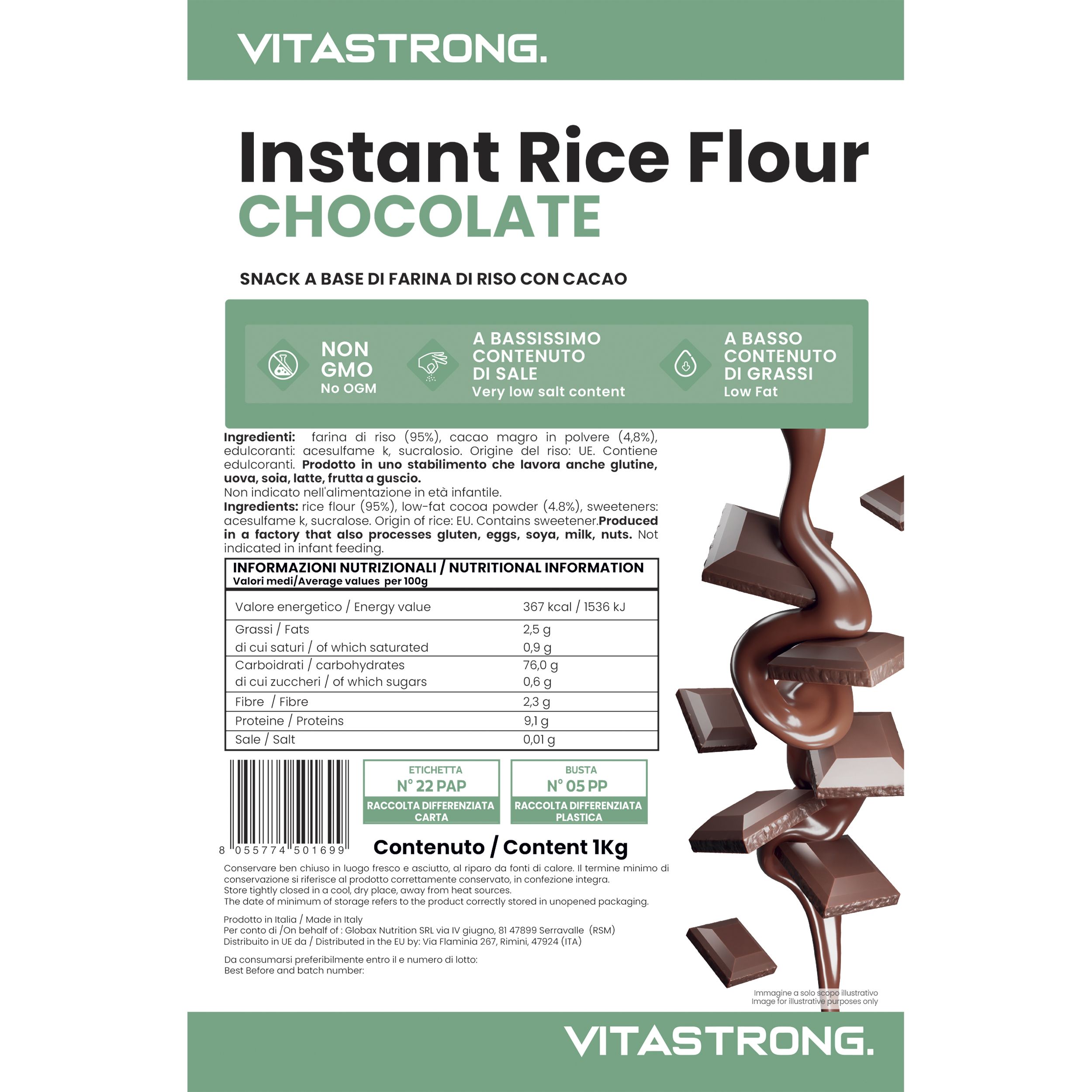 Vitastrong Instant Rice Flour - Choco. Witte verpakking met tekst en stukjes chocolade. Bevat voedingswaarde- en ingrediënteninformatie.