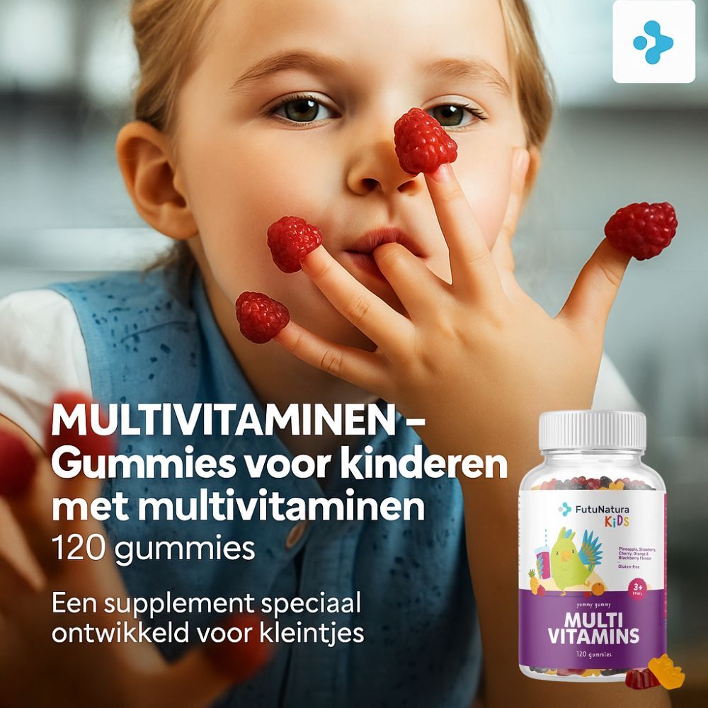 Fles FutuNatura Kids Multi Vitamins. 120 gummies. Kind met frambozen. Tekst: Multi Vitamins, Multivitamine gummies voor kinderen.