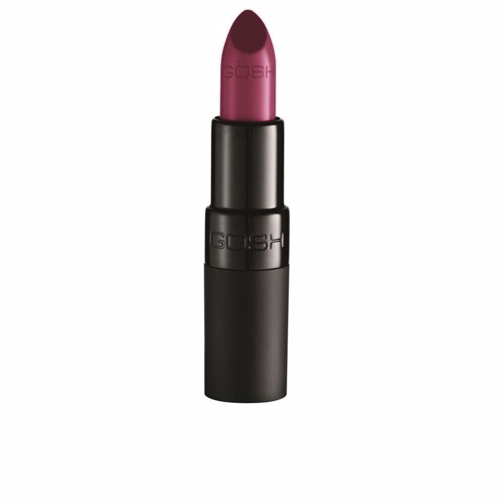 Donkerrode lipstick. Zwarte huls met GOSH-logo. Productweergave.
