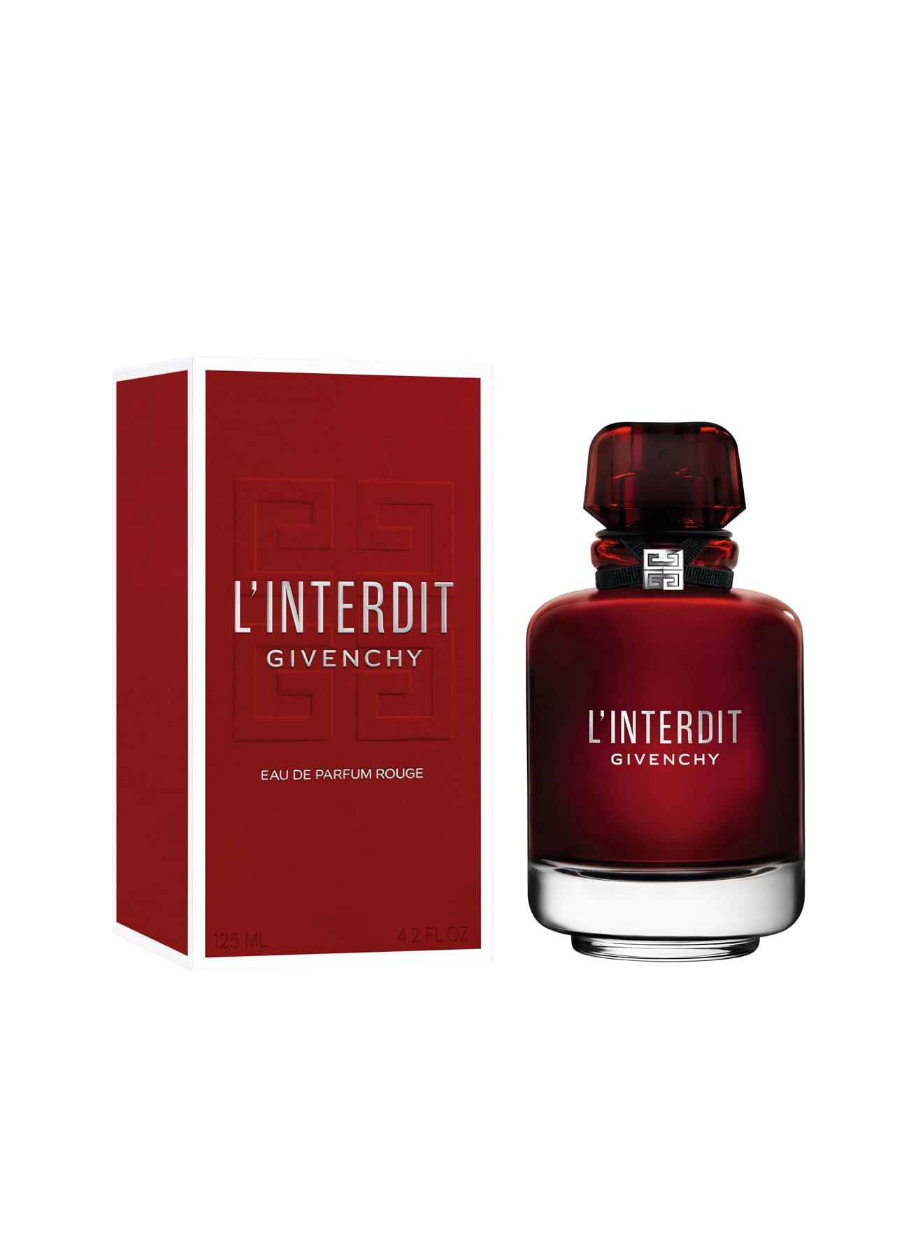 Rode fles en doos. Opschrift: L'Interdit Givenchy Eau de Parfum Rouge. Fles met zwart lint en zilveren logo. Doos met reliëf logo.