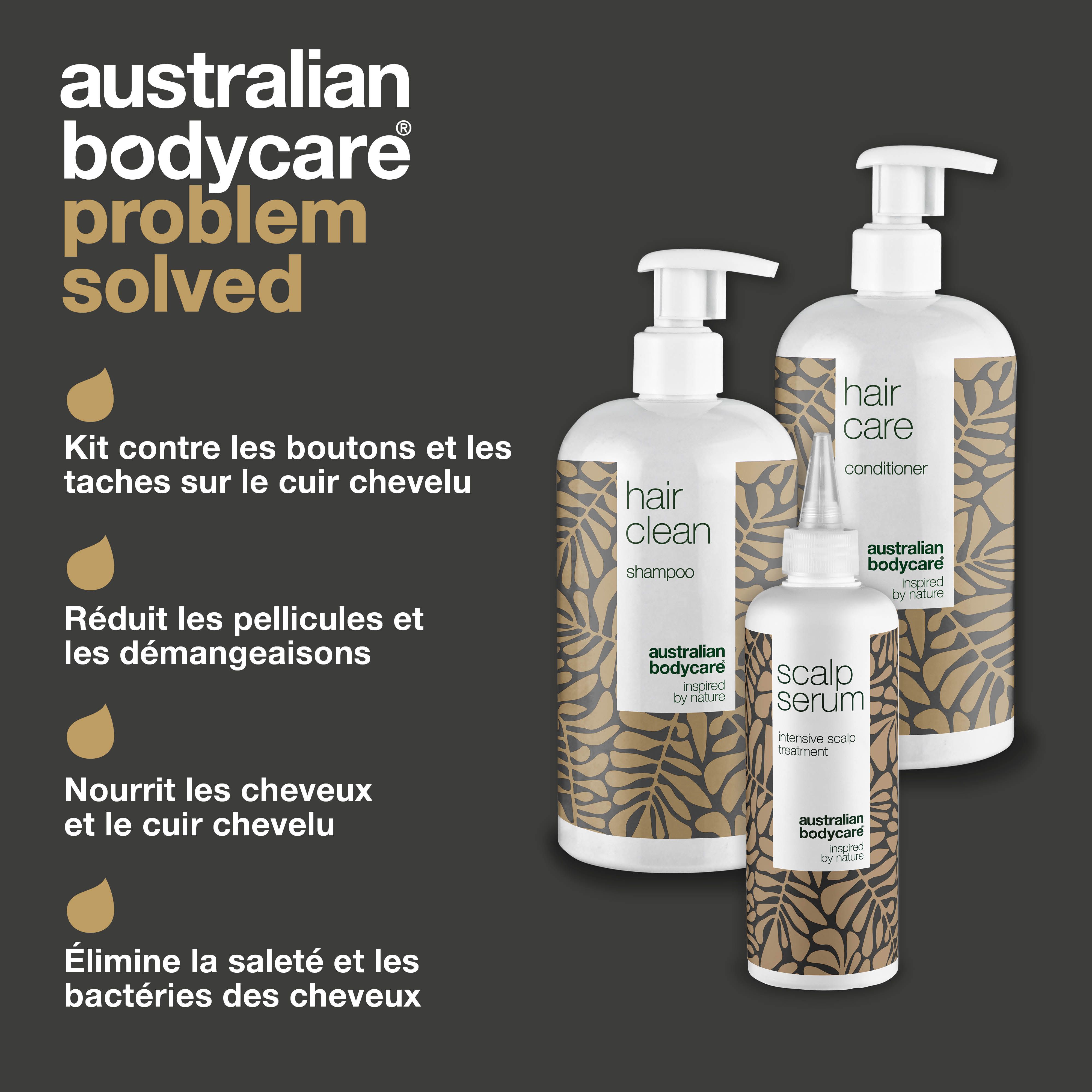 Trois flacons Australian Bodycare. Texte : kit contre les boutons et les taches, réduit les pellicules et les démangeaisons, nourrit les cheveux et le cuir chevelu.
