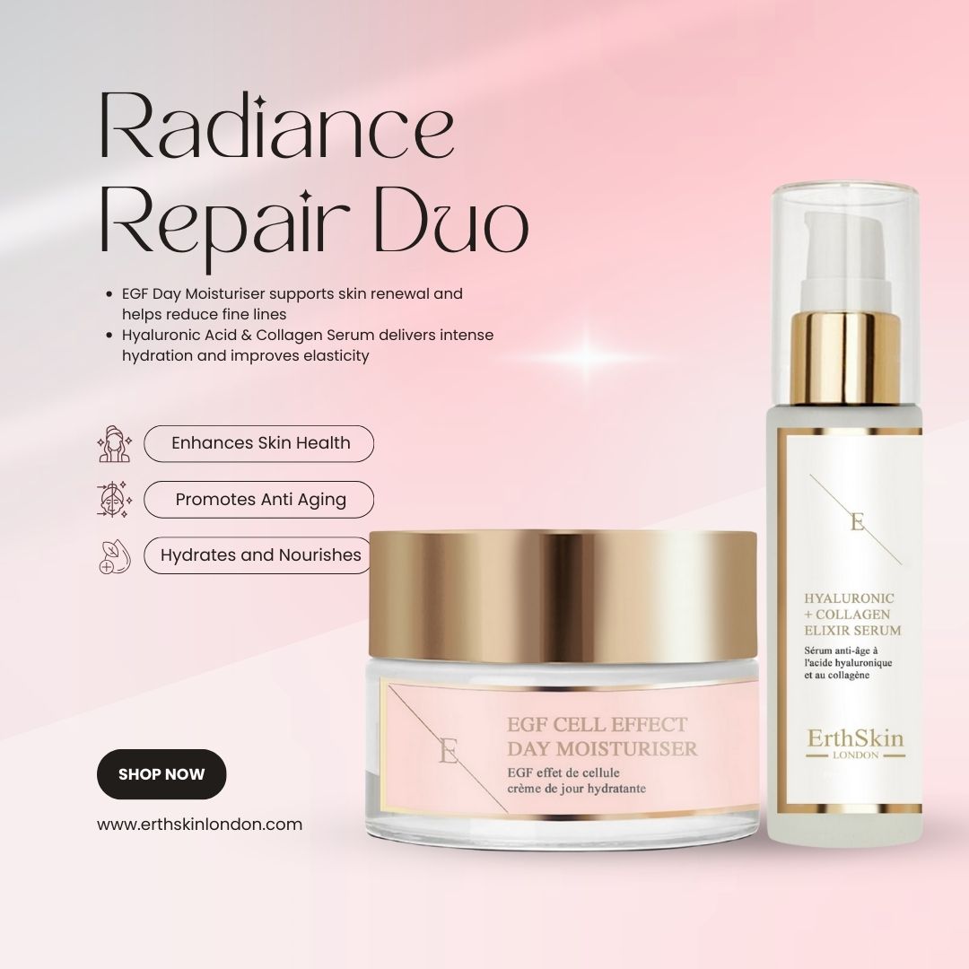 Duo ErthSkin : crème hydratante de jour et sérum collagène à l'acide hyaluronique. Texte sur la santé de la peau, anti-âge.