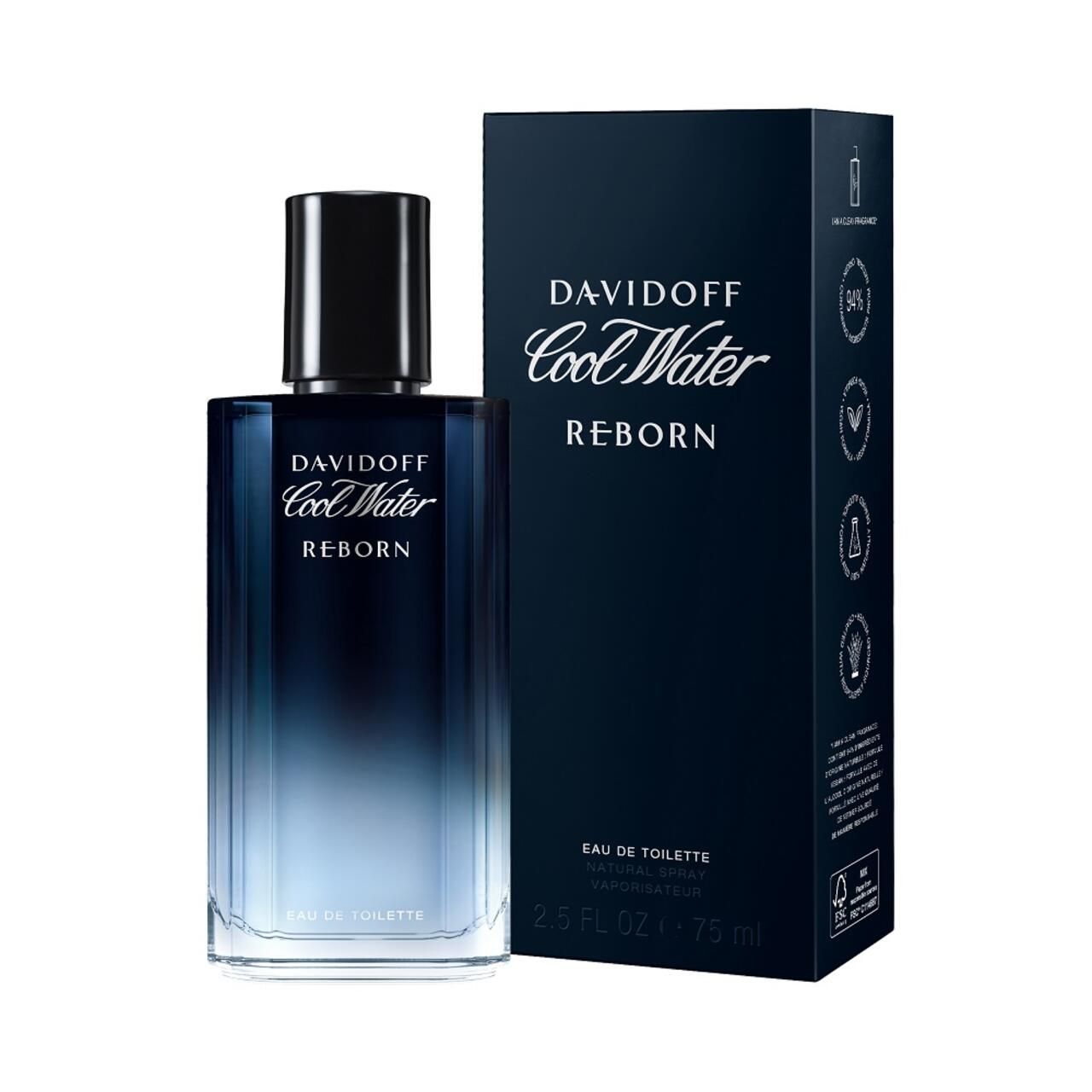 Davidoff Cool Water Reborn fles en verpakking. Rechthoekige vorm, blauw-gekleurd glas. Zwarte dop. Blauwe verpakking.