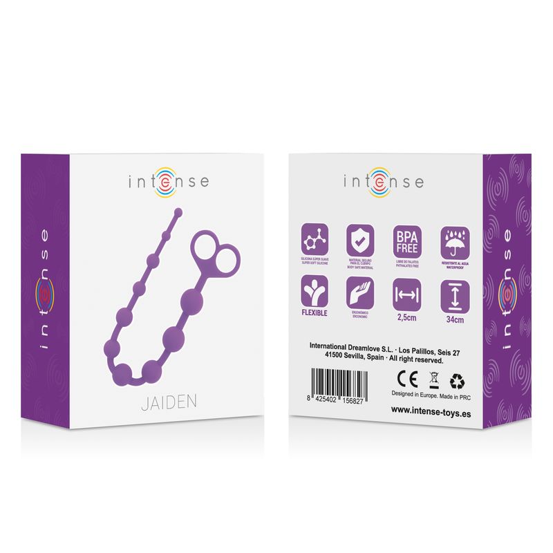 Verpakking voor paarse anale parelketting. Toont het product en de merknaam 'JAIDEN'.