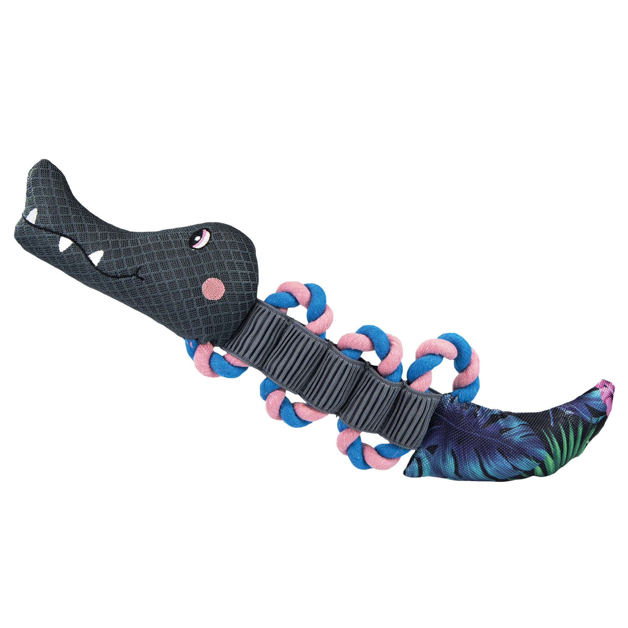 Jouet crocodile avec corde. Corps gris, cordes bleues et roses, queue fleurie.