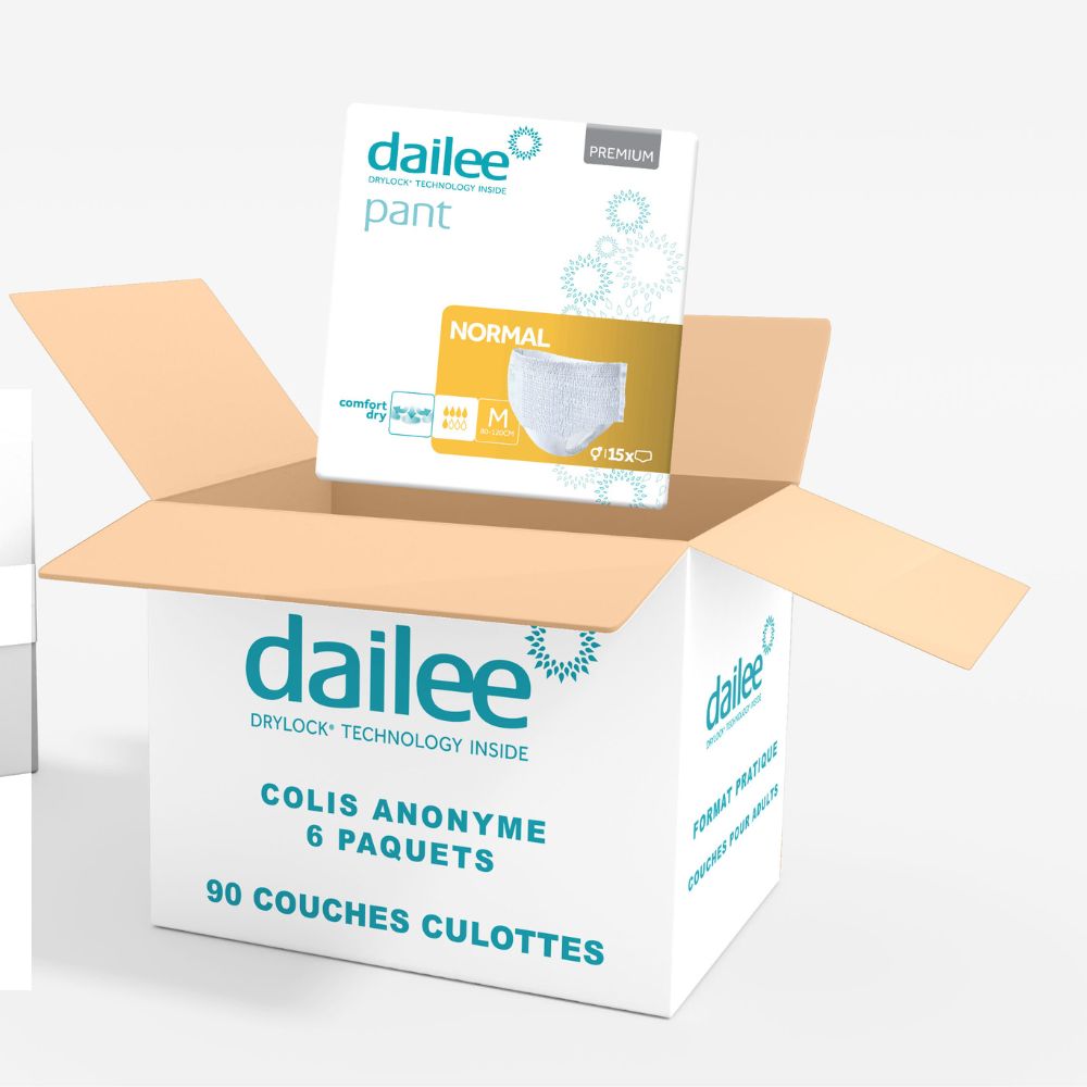 Carton ouvert avec paquets Dailee Pant. 6 paquets, 90 Pants. Livraison anonyme.
