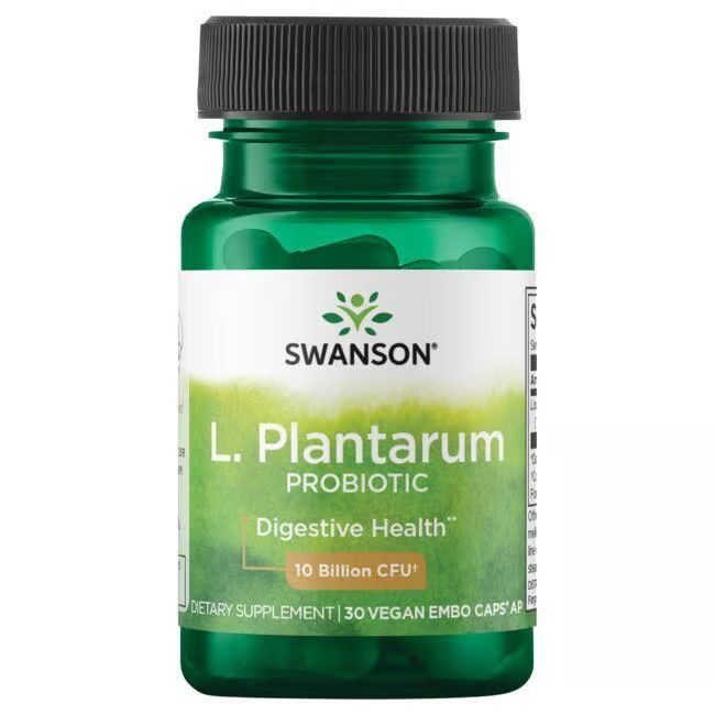 Flacon vert avec bouchon noir. Inscription: SWANSON, L. Plantarum Probiotique, 10 milliards d'UFC. Capsules.