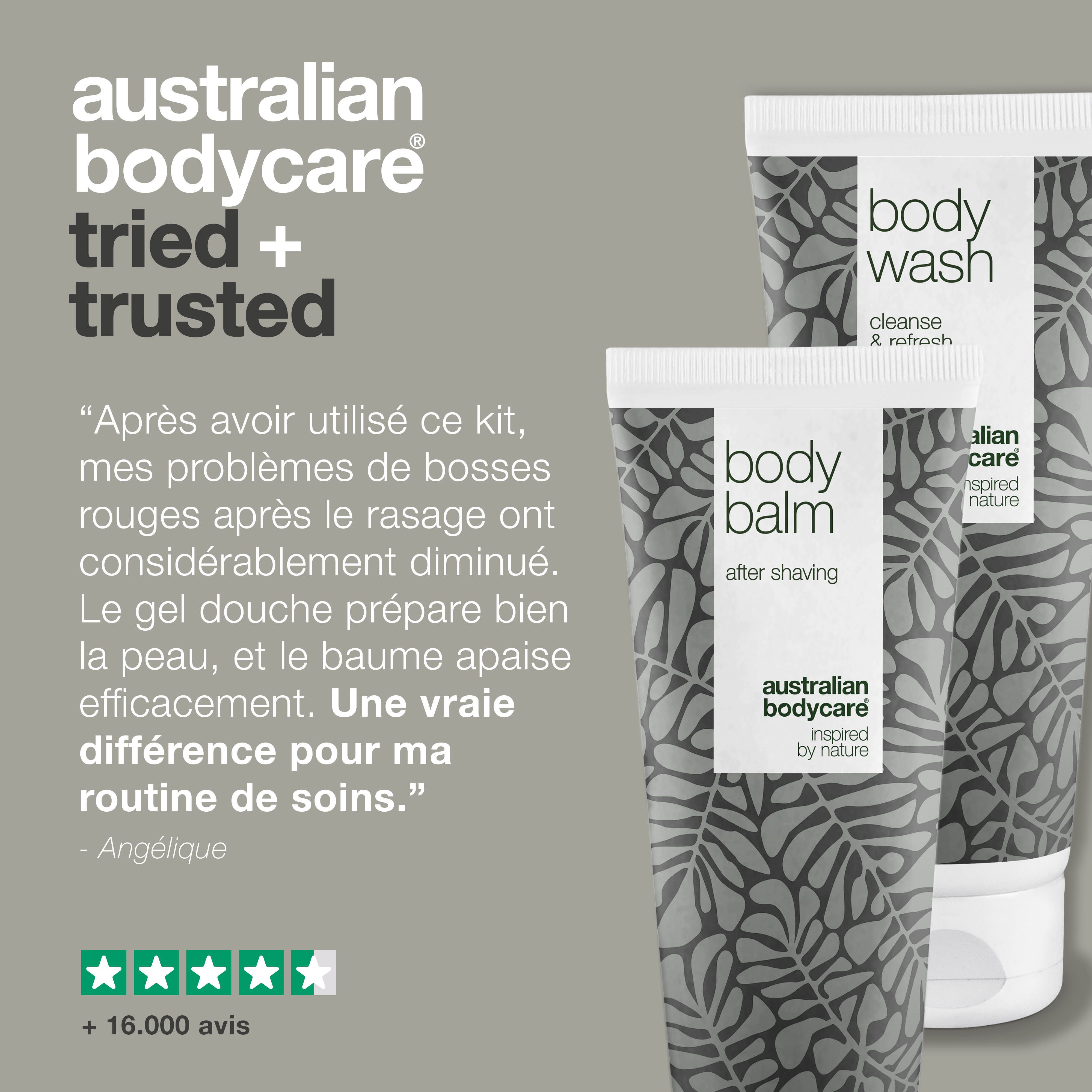 Deux tubes "Body Wash" et "Body Balm". Texte : Testé et approuvé par des dermatologues.