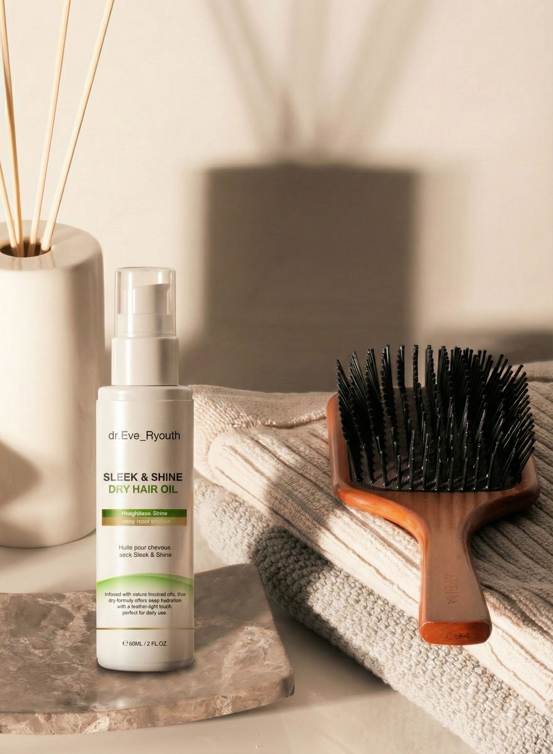 Une bouteille d'huile sèche Sleek & Shine est placée à côté d'une brosse et de serviettes pliées.