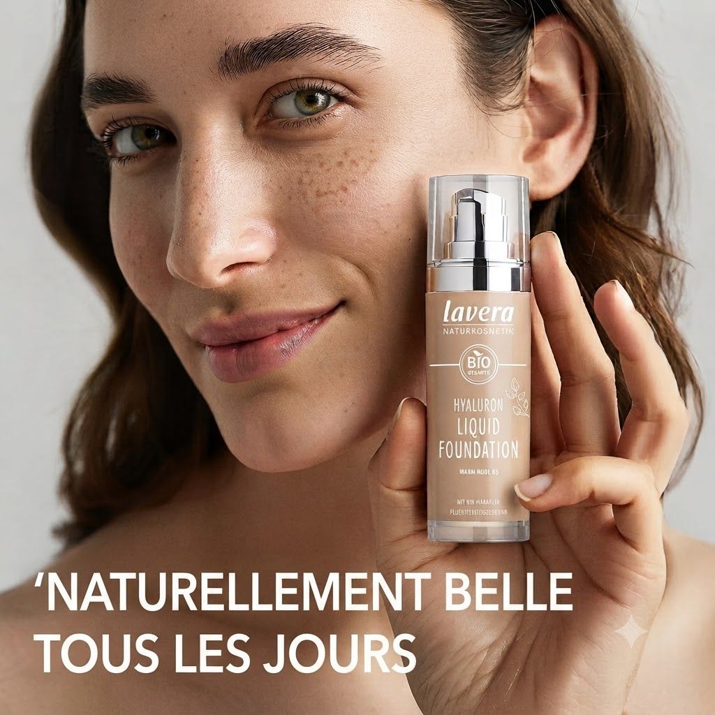 Flacon Lavera Hyaluron Liquid Foundation, Warm Nude 03, avec pompe et capuchon transparent.