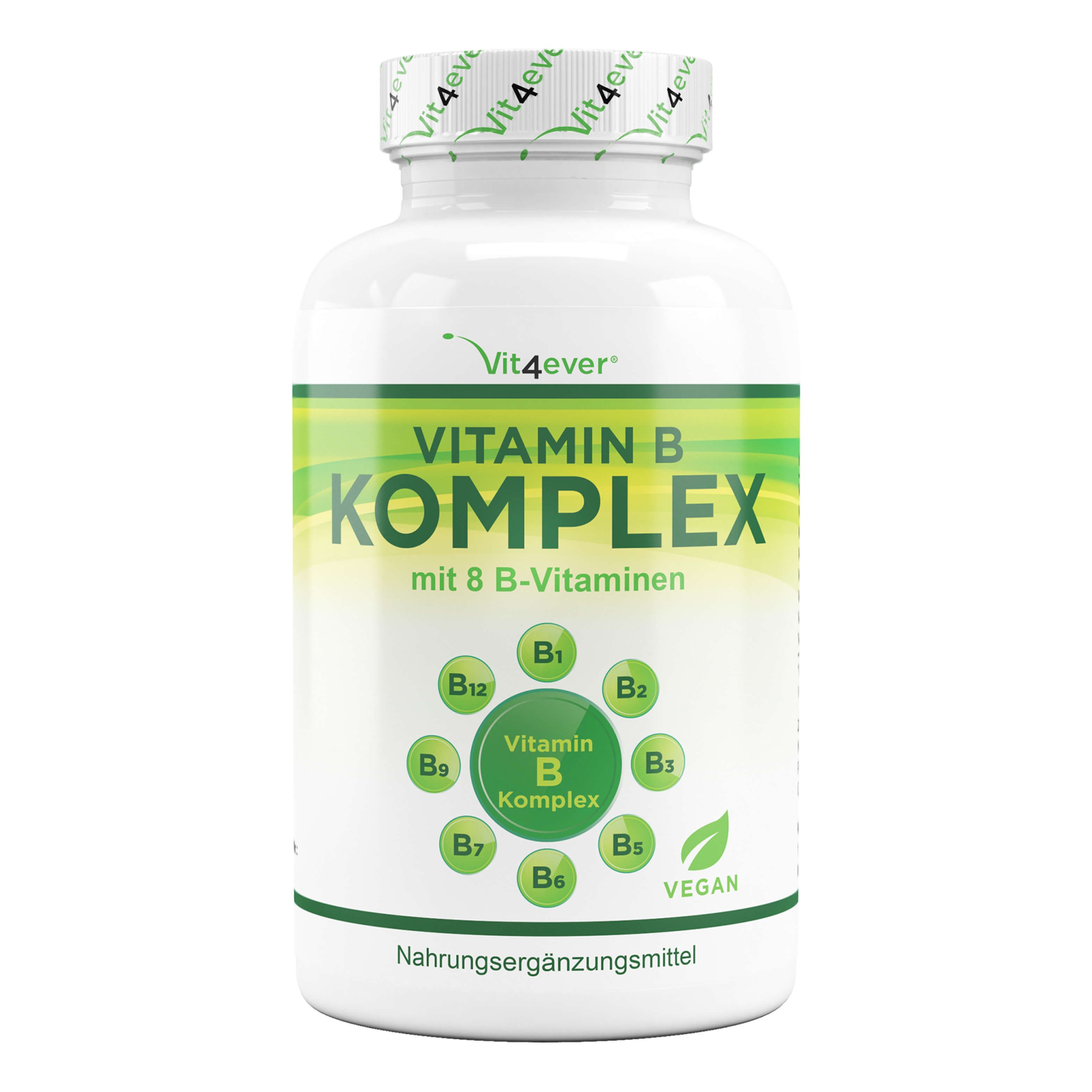 Flacon blanc avec étiquette verte. Inscription : Vitamin B Komplex mit 8 B-Vitaminen. Vegan. Complément alimentaire. Logo Vit4ever.