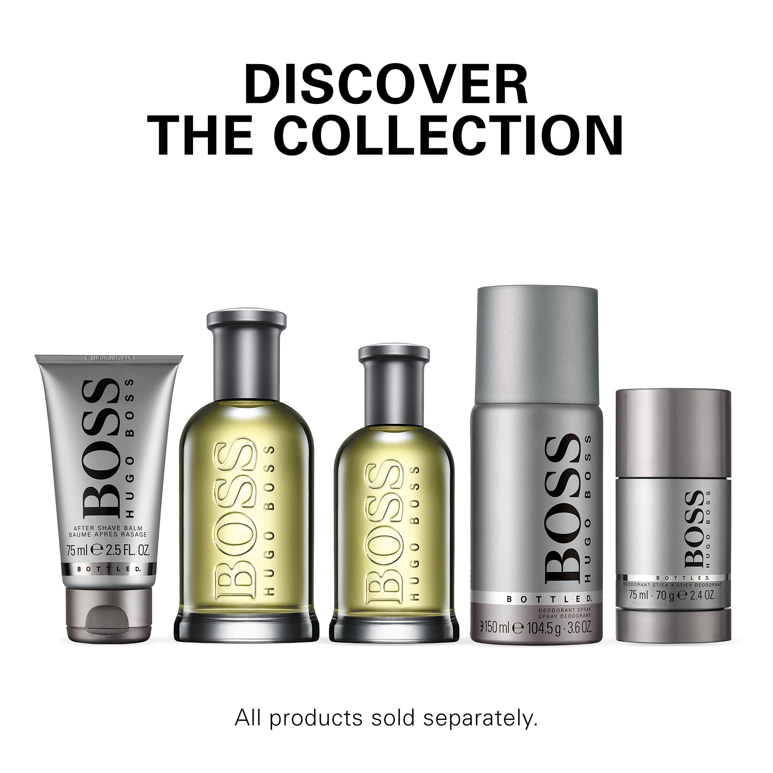 Collectie Hugo Boss Bottled producten: lotion, parfum, deodorant, stick.
