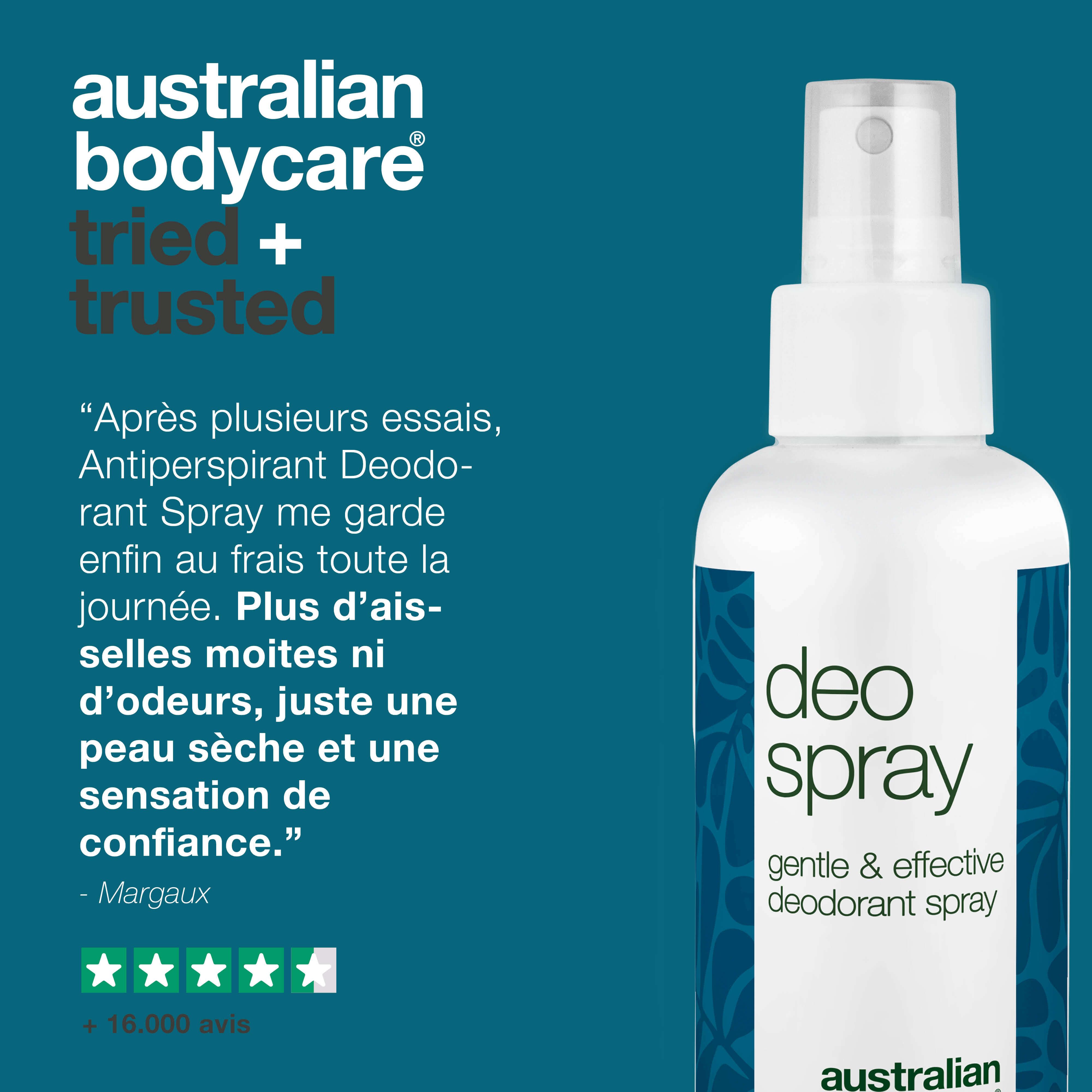 Flacon de déodorant spray. Citation: L'Antiperspirant Deodorant Spray me garde au frais toute la journée.