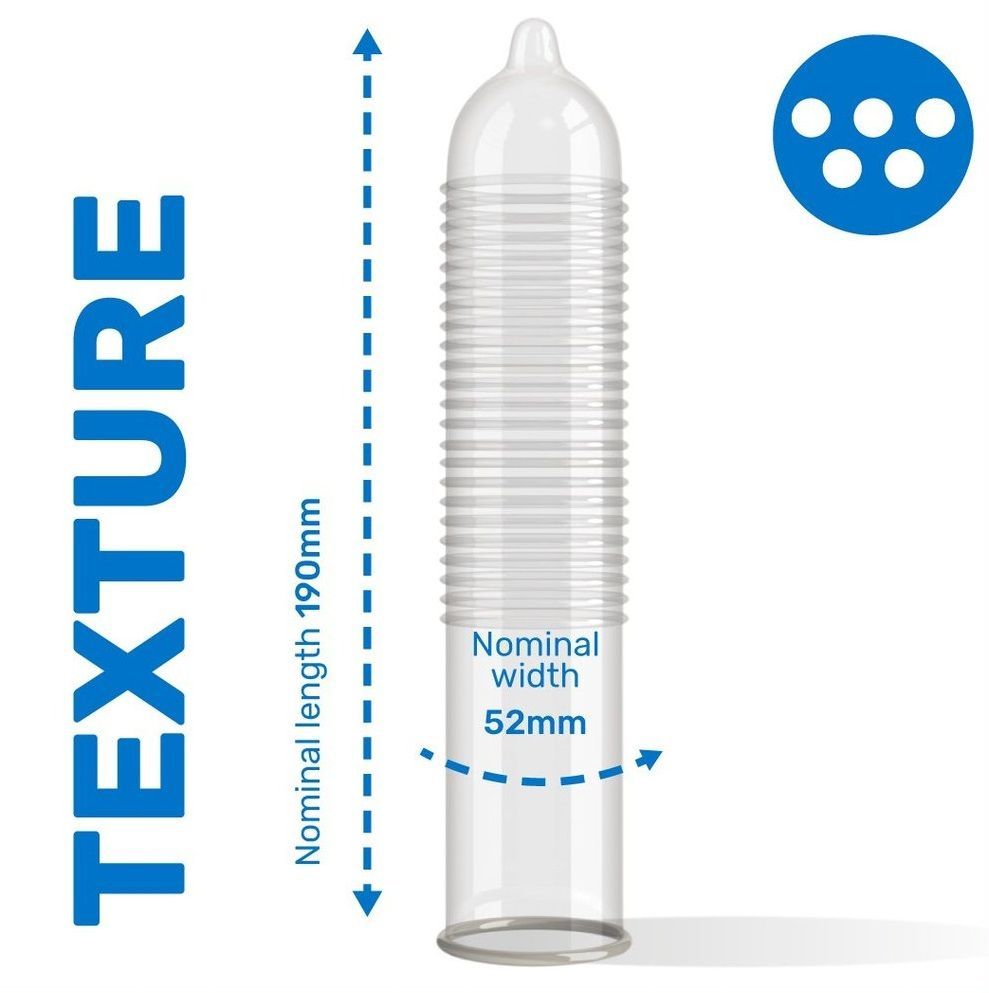 Condoom met geribbeld design. Lengte 190mm, breedte 52mm. Tekst: "TEXTURE".