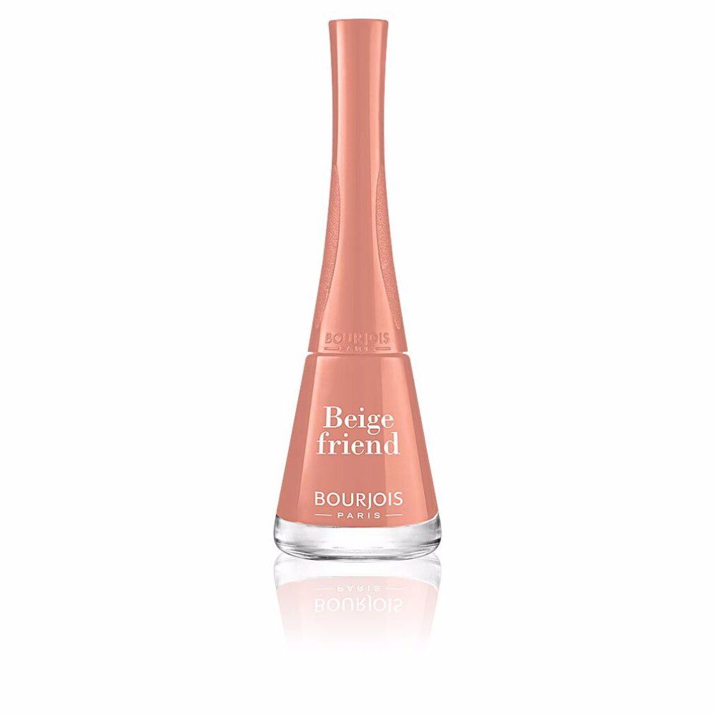 Flacon de vernis à ongles beige. Inscription: Beige Friend, Bourjois Paris. Flacon avec un long bouchon fin.