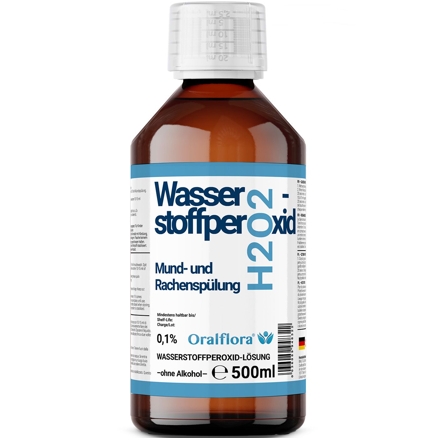 Bruine fles met witte dop. Opschrift: Waterstofperoxide H2O2, mond- en keelspoeling, 0,1% Oralflora.