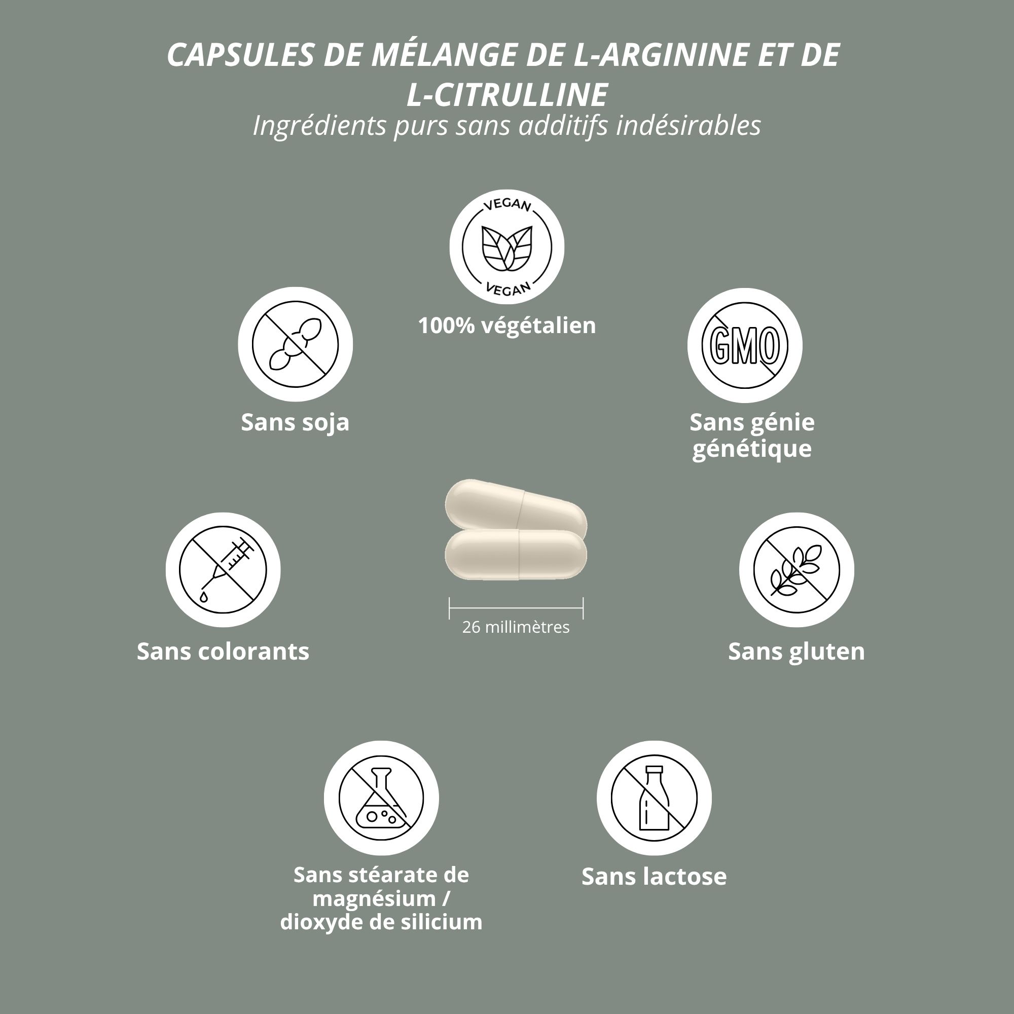 Deux gélules, 26 mm. Texte: Gélules de mélange de L-Arginine et de L-Citrulline. Ingrédients purs sans additifs indésirables. Symboles: végan, sans soja, sans OGM, sans colorants, sans gluten, sans lactose.