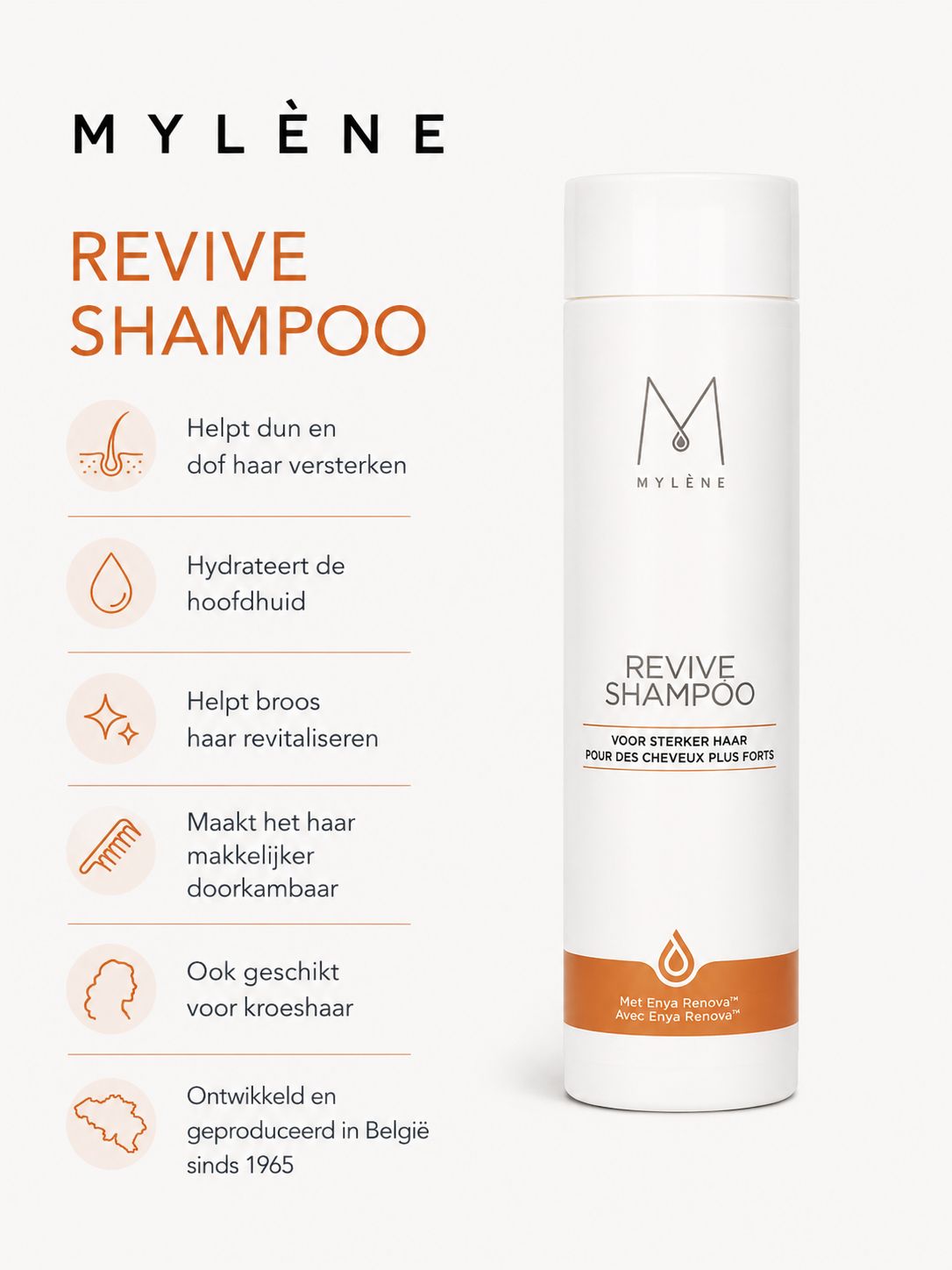 Mylène Revive Shampoo fles met gedetailleerde beschrijving van de voordelen.