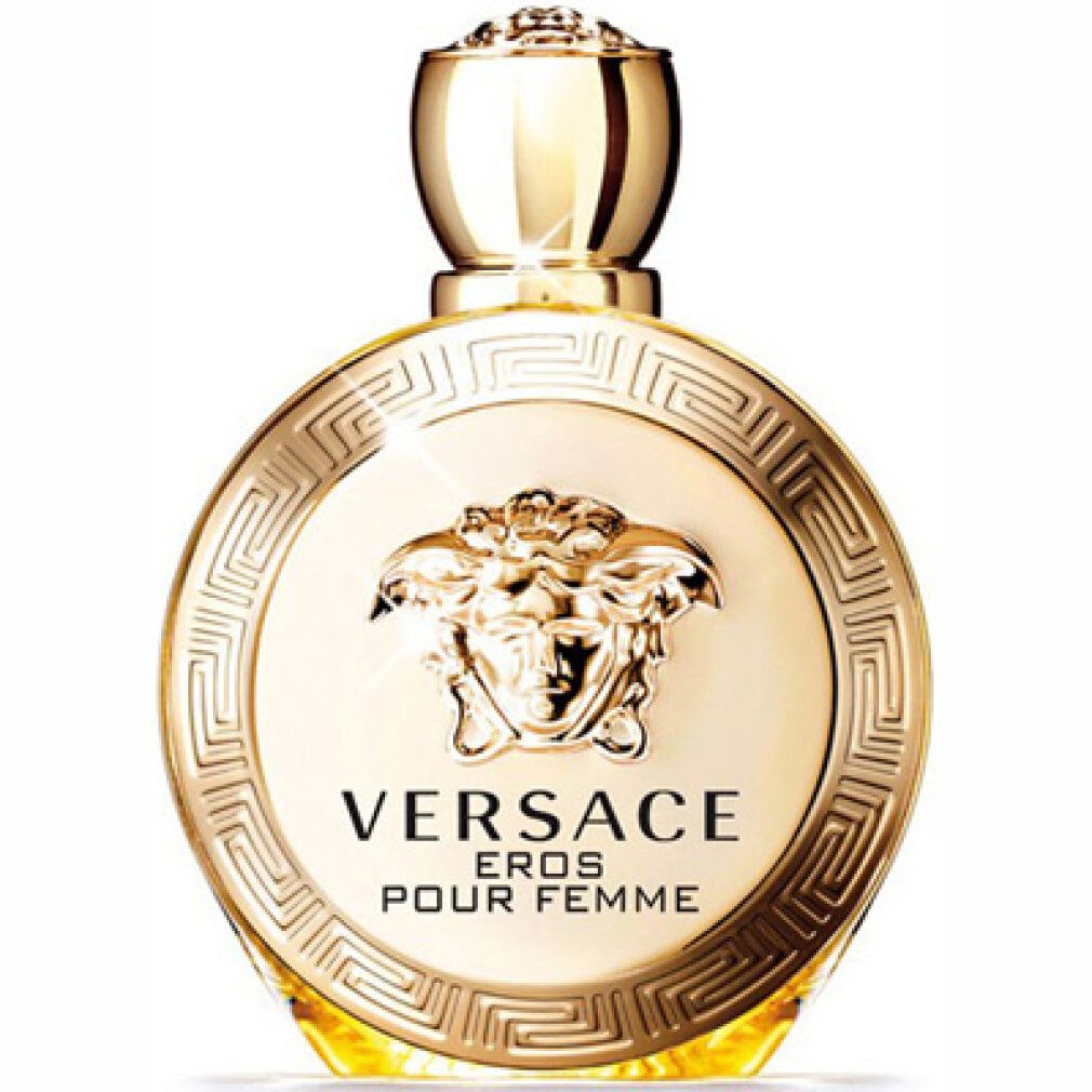 Gouden fles. Opschrift: VERSACE EROS POUR FEMME. Gouden dop.