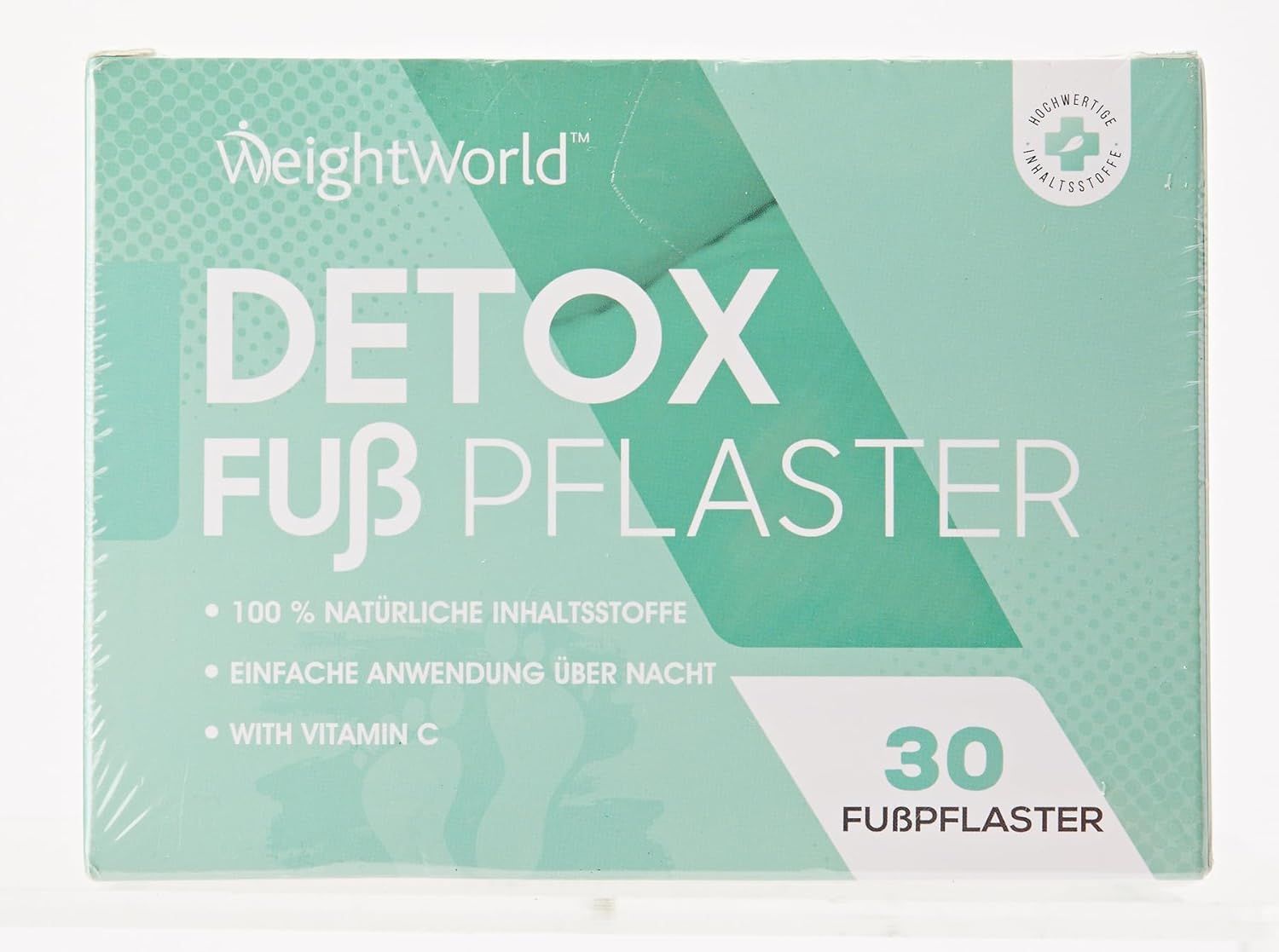 Verpakking WeightWorld Detox Voetpleisters. 30 pleisters, 100% natuurlijke ingrediënten, eenvoudige toepassing 's nachts.