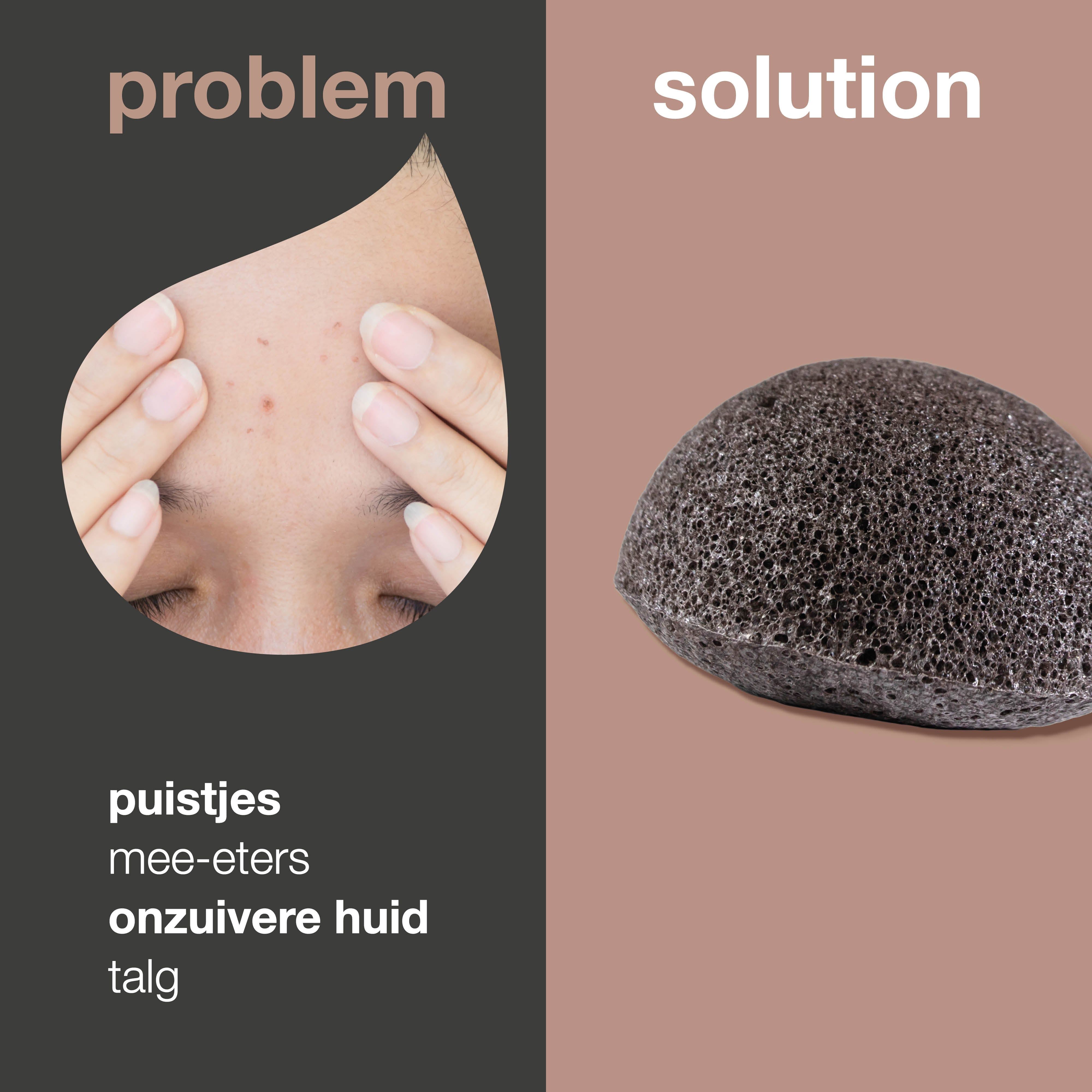 Gezicht met onzuiverheden. Konjac-spons ernaast. Tekst: probleem, oplossing, puistjes, mee-eters, onzuivere huid, talg.