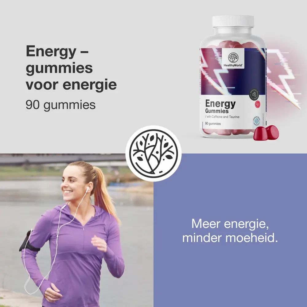 Vrouwelijke hardloper met oortjes, fles met energie-gummies ernaast. "Vrij van gluten en allergenen".