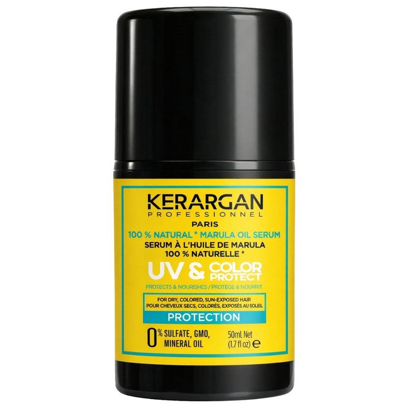 Zwarte fles met geel etiket. Opschrift: Kerargan, UV & Color Protect, Marula Oil Serum. 50ml.