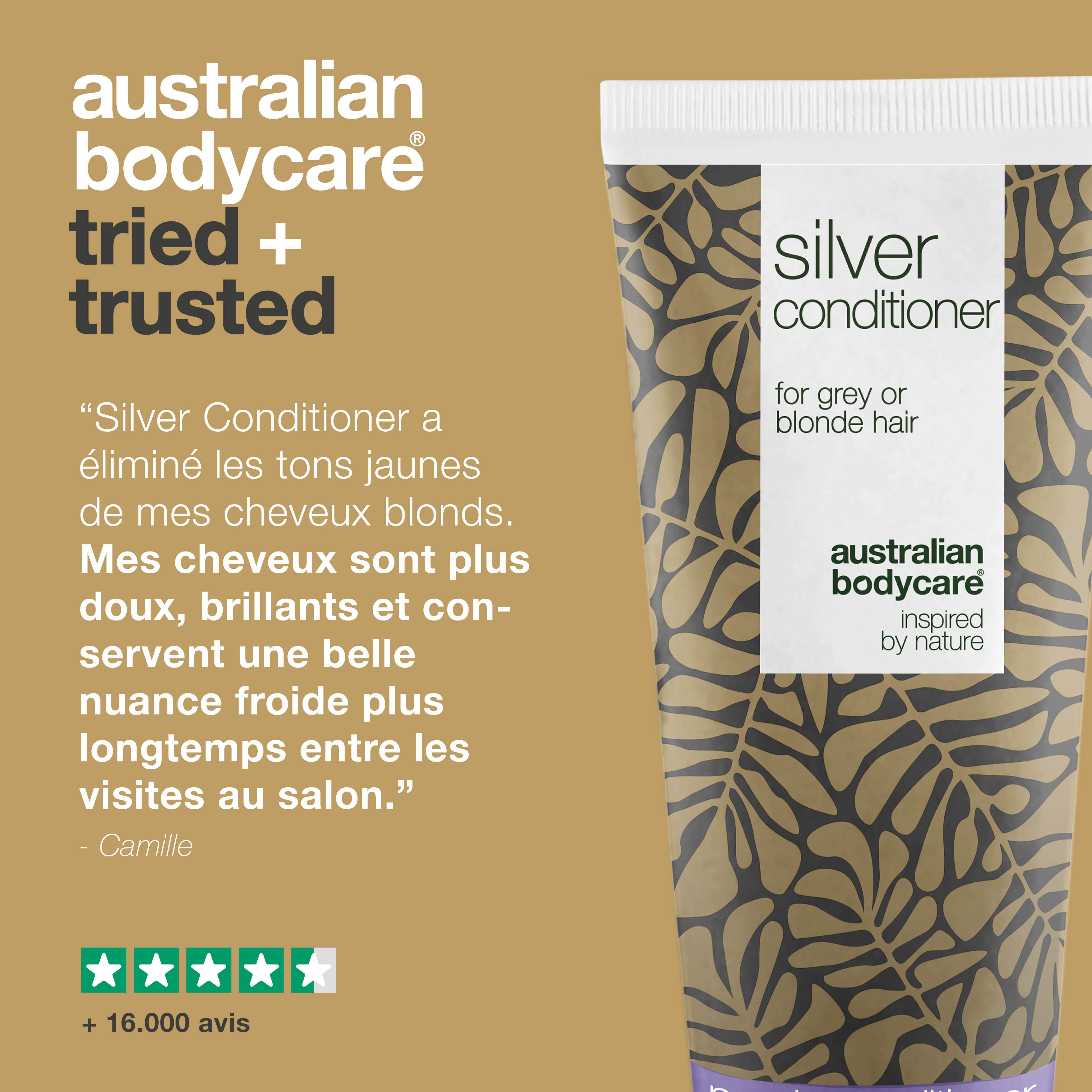 Tube de revitalisant argenté. Citation et étoiles. Marque : Australian Bodycare.