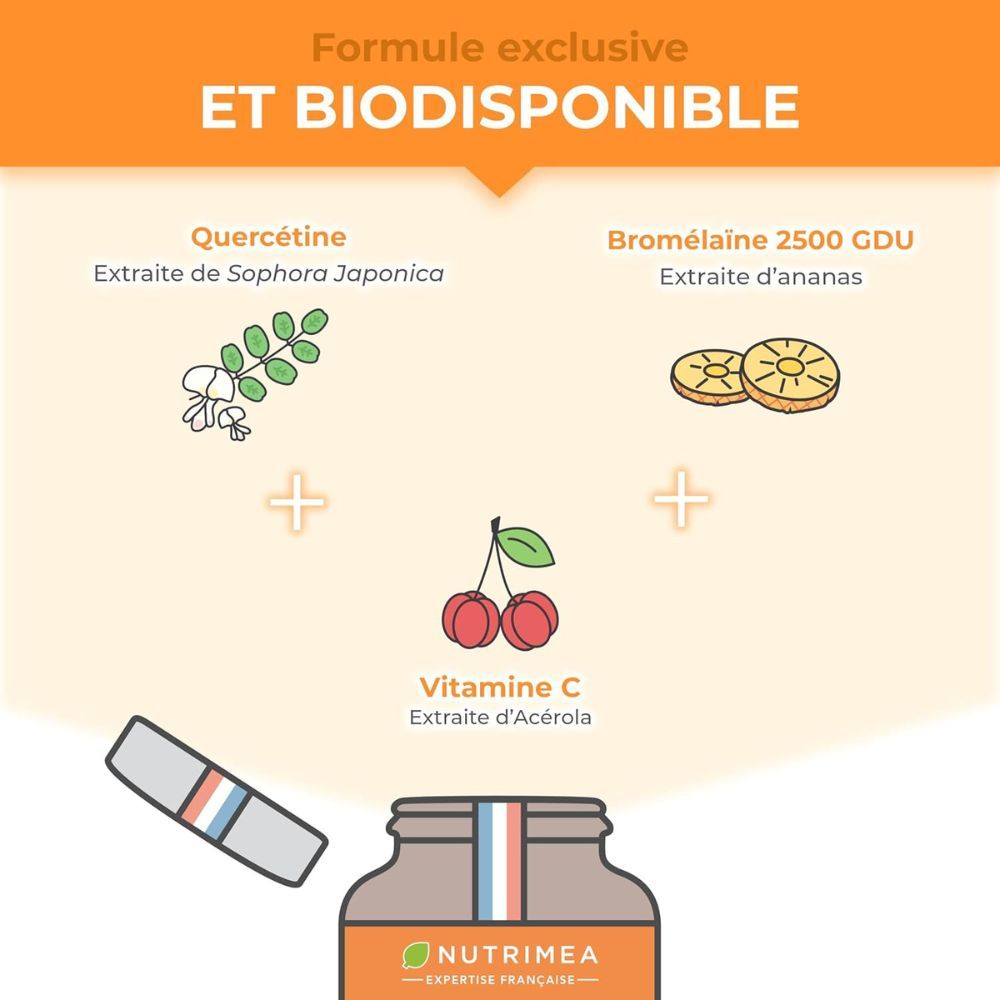 Graphique avec ingrédients: Quercétine, Bromélaïne, Vitamine C. Flacon QUERCÉTINE. Formule exclusive et biodisponible.