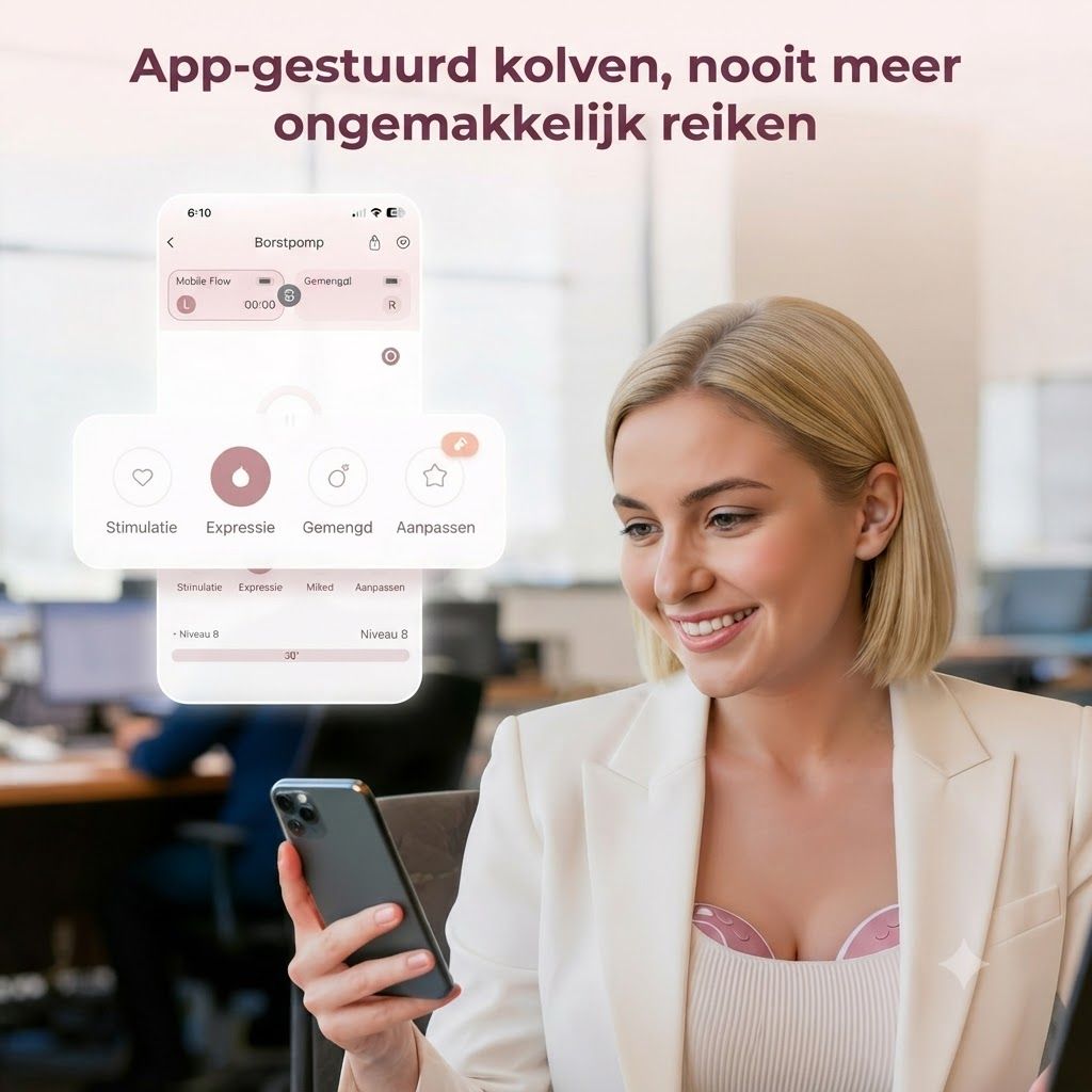 Vrouw met smartphone die een app voor een borstkolf toont. De kolf is zichtbaar onder de kleding.