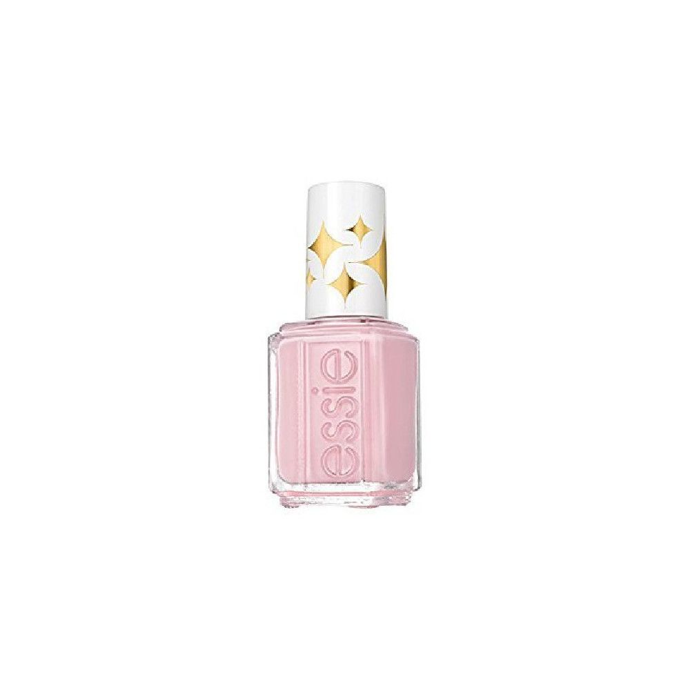 Essie roze nagellakfles. Witte dop met gouden sterren. Transparante fles.