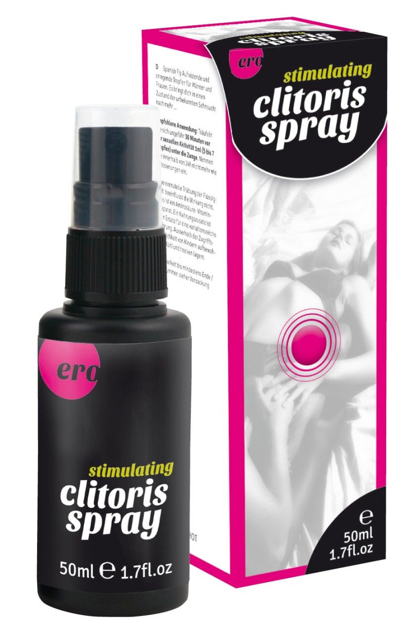 Productset: Ero Stimulating Clitoris Spray fles en verpakking naast elkaar.
