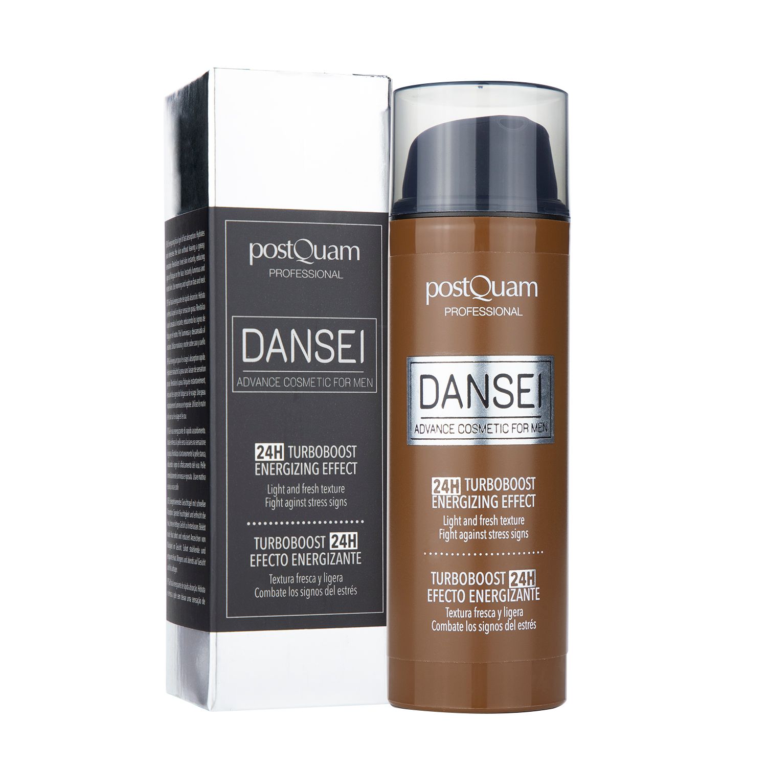 Flacon marron avec pompe doseuse. Texte: Postquam, Dansei, 24H Turbo Boost Energizing Effect. Avec emballage argenté.