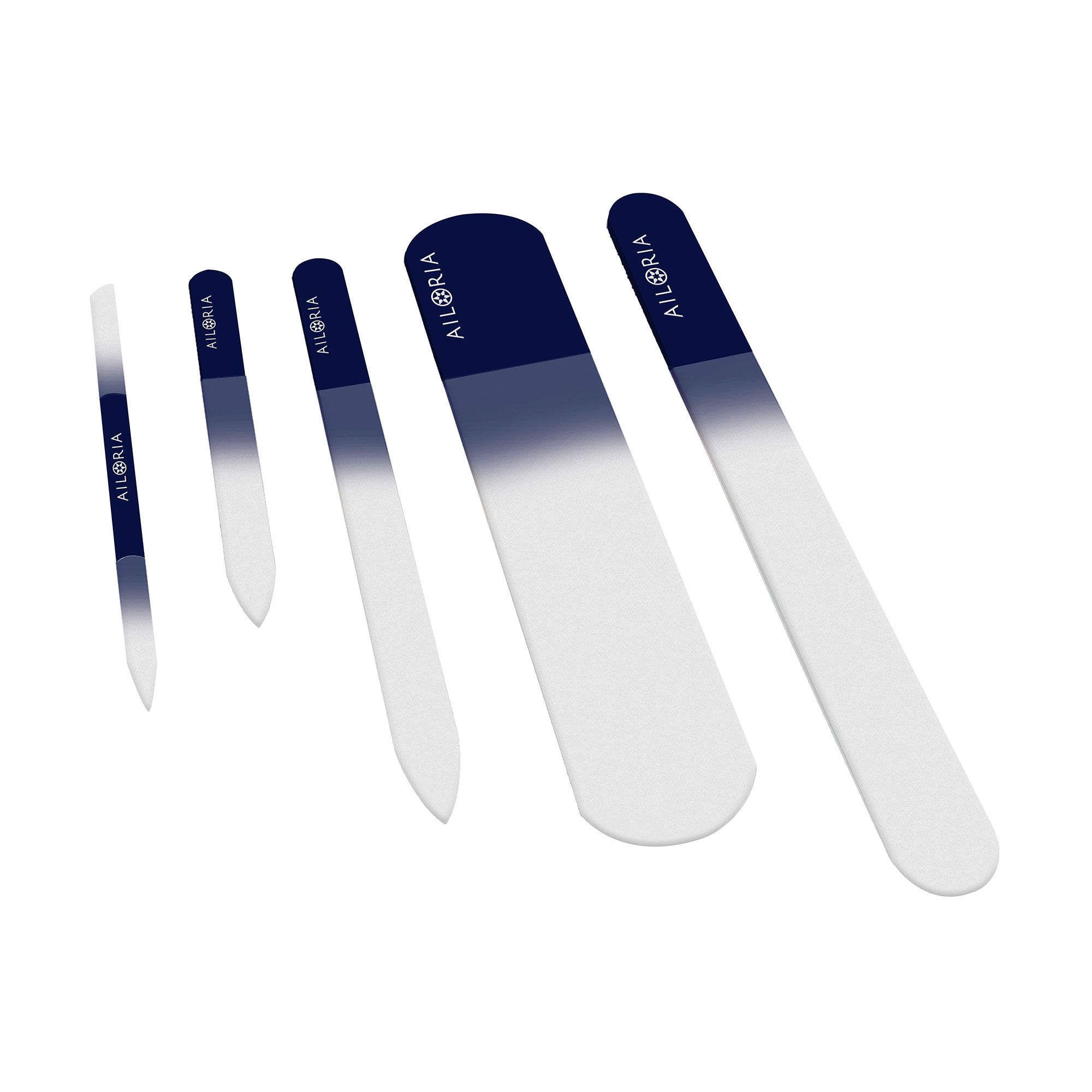 Vijf nagelvijlen met blauw-witte kleurovergang. AILORIA-logo op elke vijl. Verschillende vormen en maten.